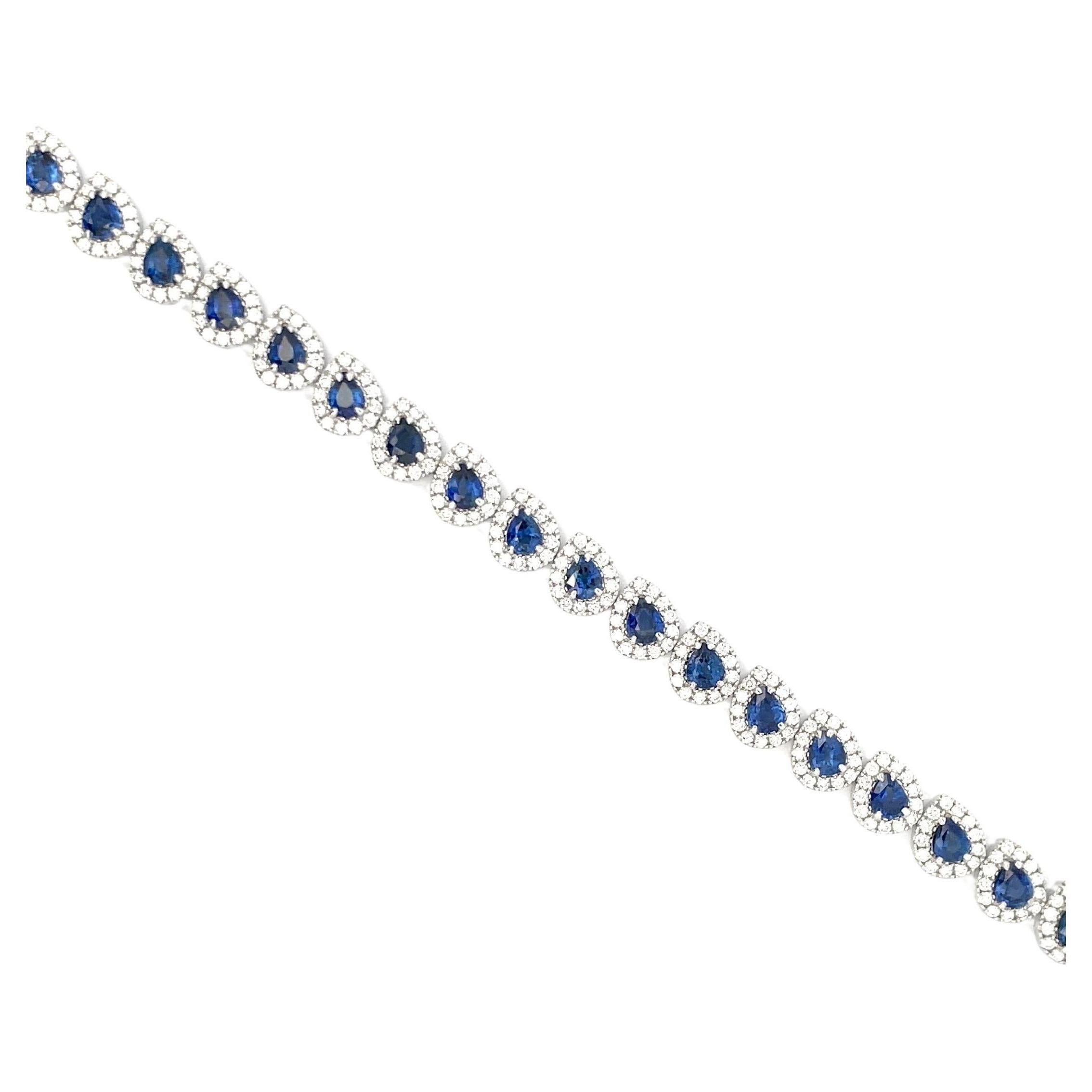 Pear Shape Sapphire Diamond Halo Link Bracelet 12.29 CTTW 18 Karat White Gold For Sale