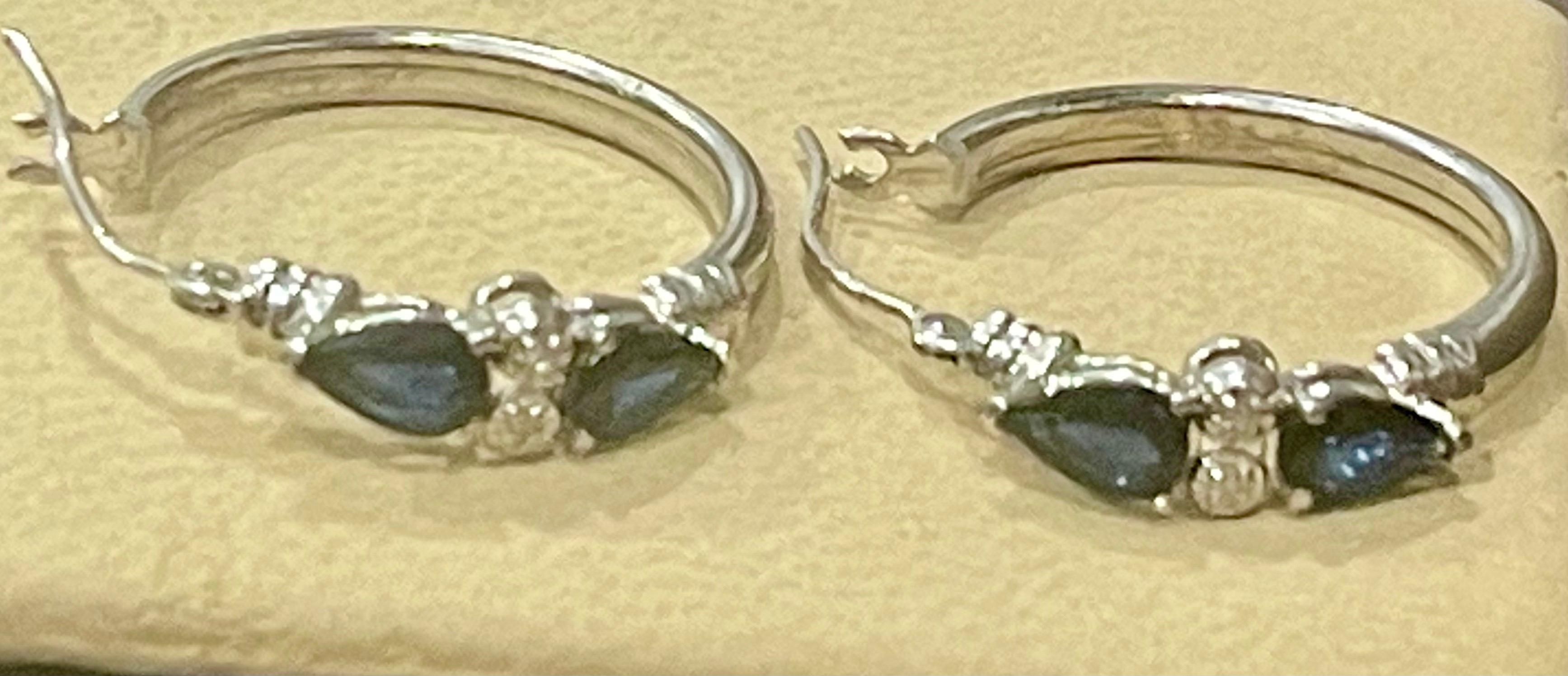 Pear Cut Pear Shape Sapphire and Diamond Hoop Cocktail Earrings in 14 Karat White Gold For Sale