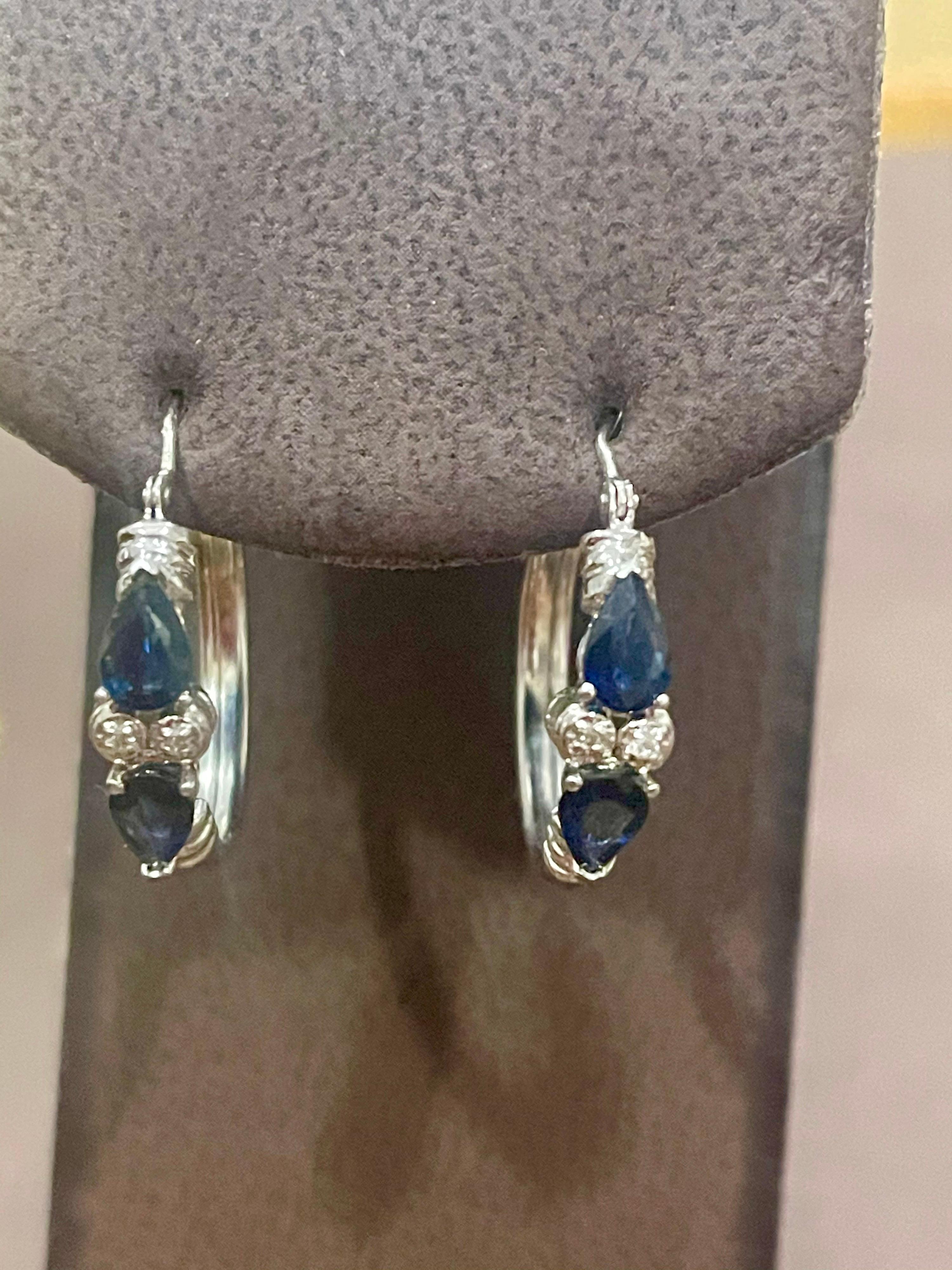 Pear Shape Sapphire and Diamond Hoop Cocktail Earrings in 14 Karat White Gold For Sale 1