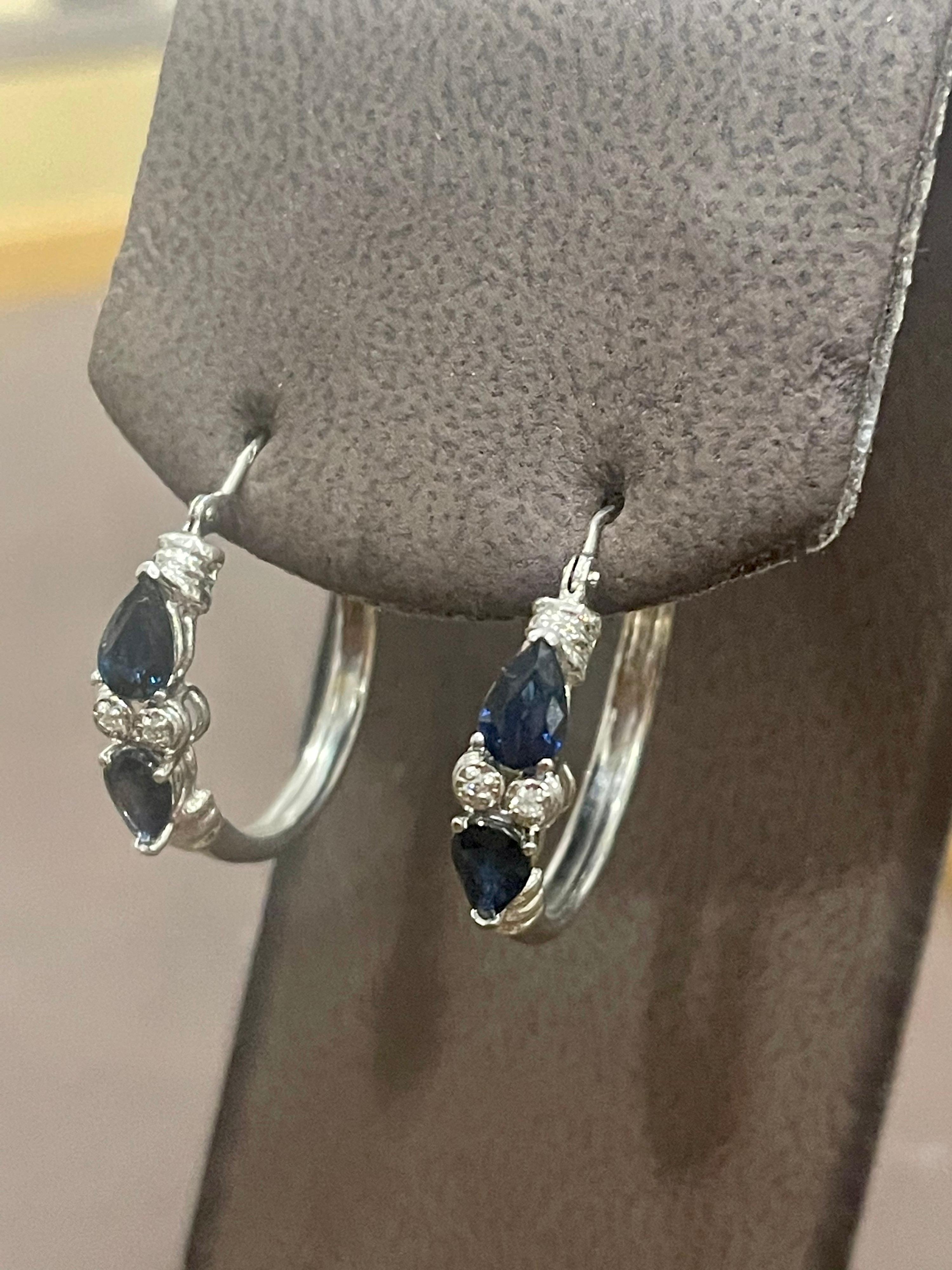 Pear Shape Sapphire and Diamond Hoop Cocktail Earrings in 14 Karat White Gold For Sale 2