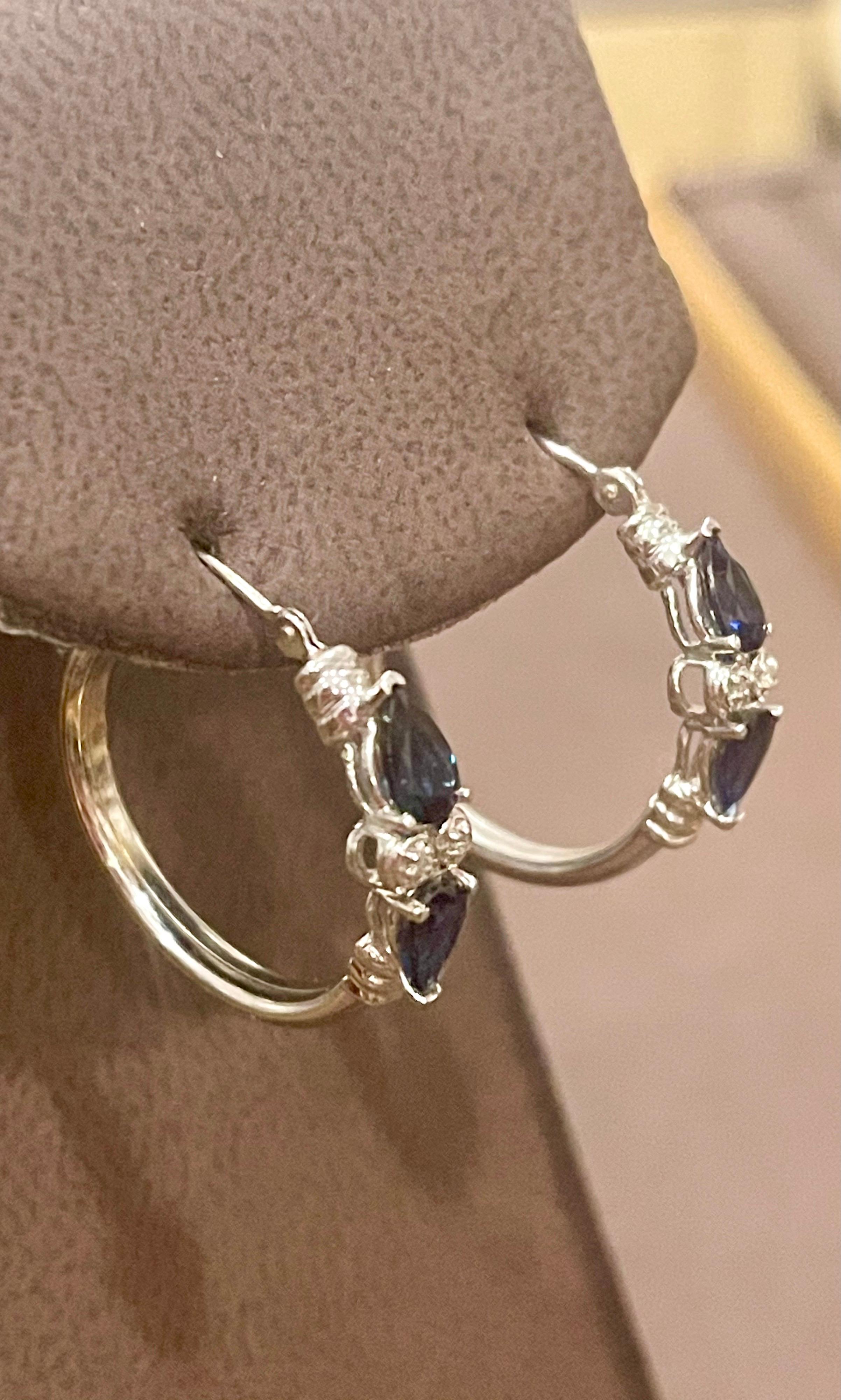 Pear Shape Sapphire and Diamond Hoop Cocktail Earrings in 14 Karat White Gold For Sale 3
