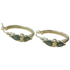 Pear Shape Sapphire and Diamond Hoop Cocktail Earrings in 14 Karat White Gold