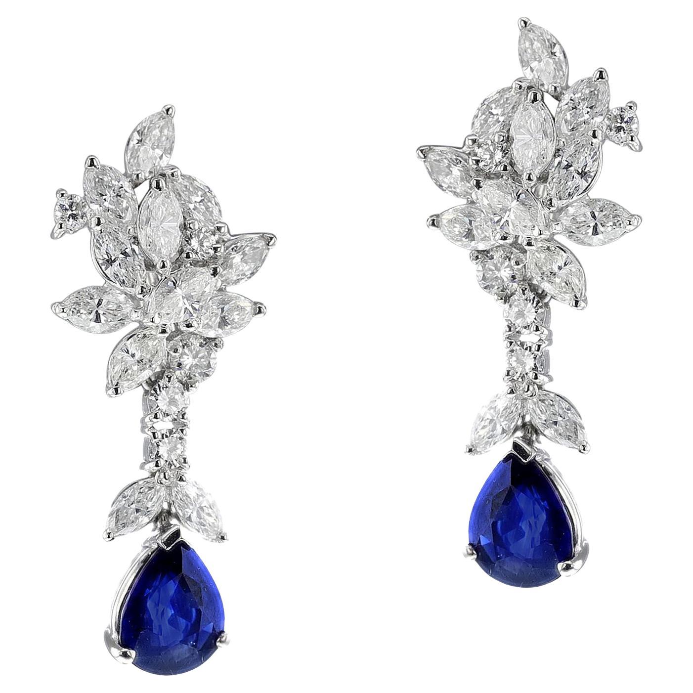 Pear Shape Sapphire with Diamonds Dangling Earrings, Platinum