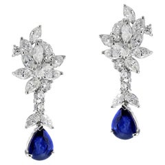 Pear Shape Sapphire with Diamonds Dangling Earrings, Platinum