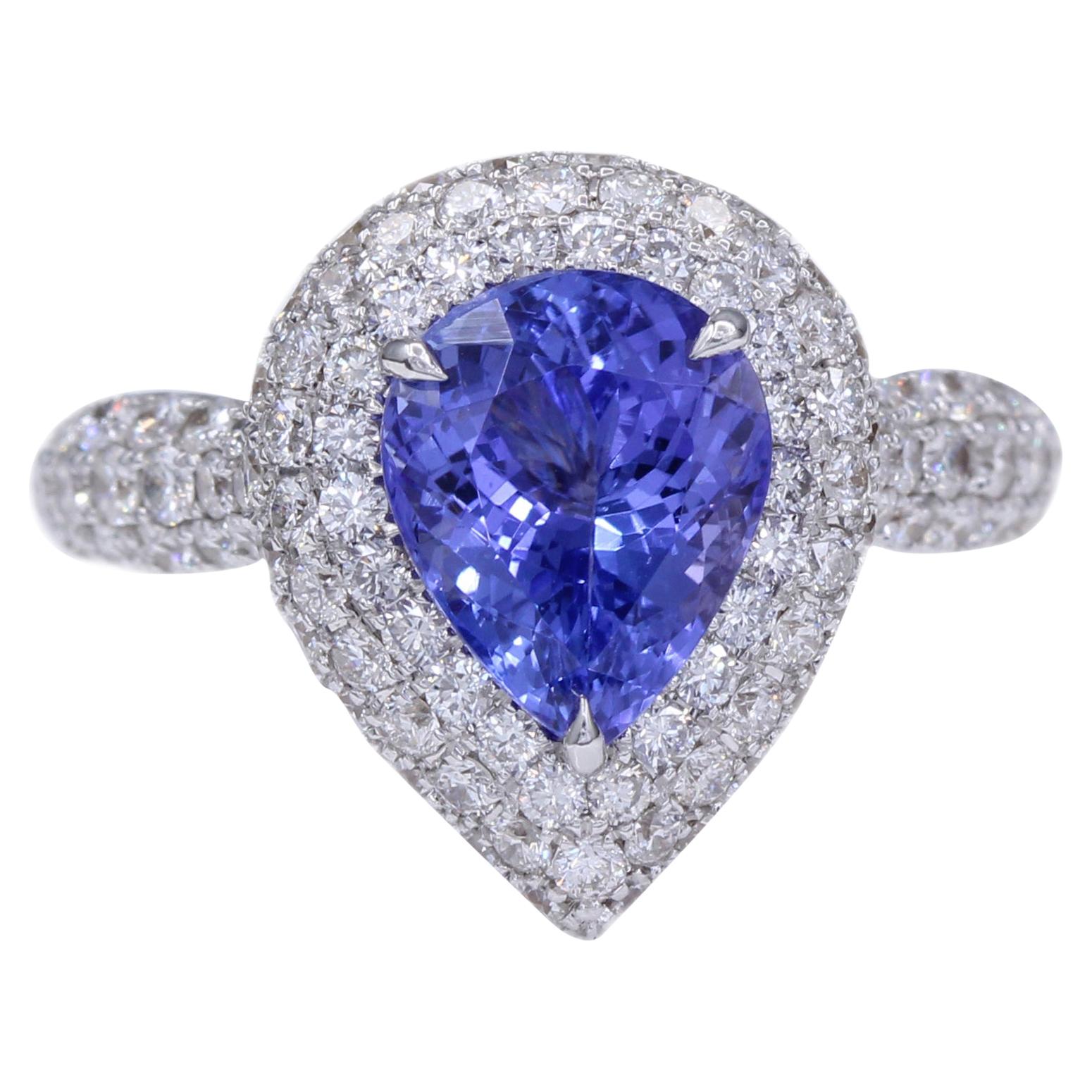 Bague en or blanc 18 carats avec tanzanite en forme de poire et diamants de 3,28 carats