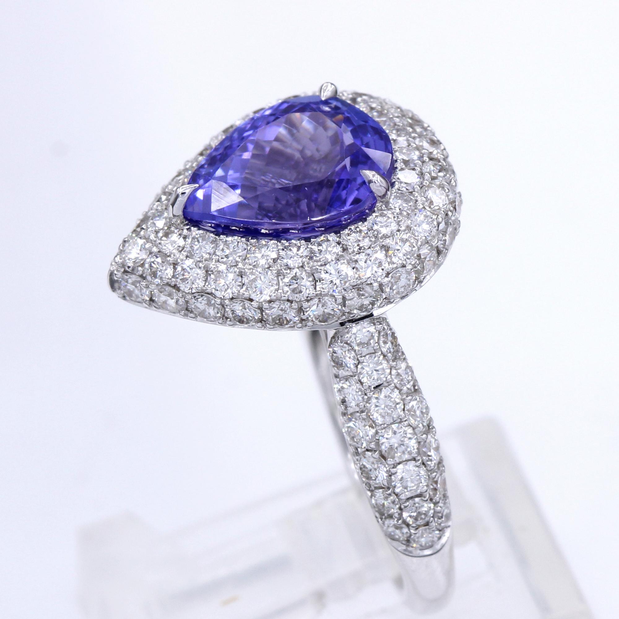 Pear Cut Pear Shape Tanzanite 3.28 Carat Diamond Ring 18 Karat White Gold For Sale