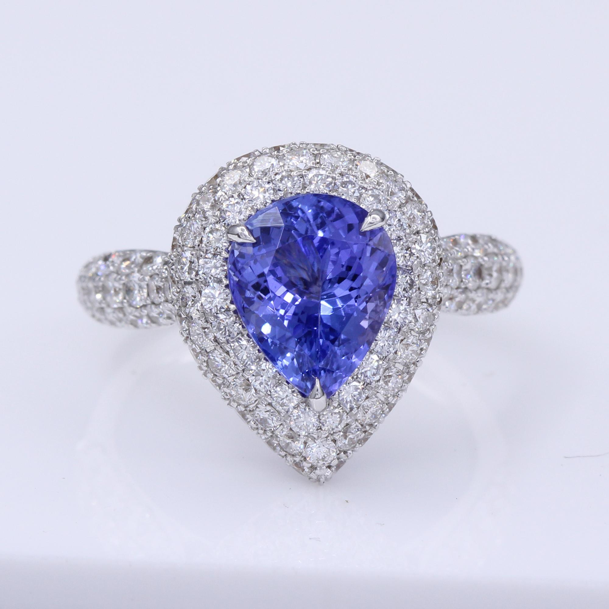 Pear Shape Tanzanite 3.28 Carat Diamond Ring 18 Karat White Gold In New Condition For Sale In Brooklyn, NY