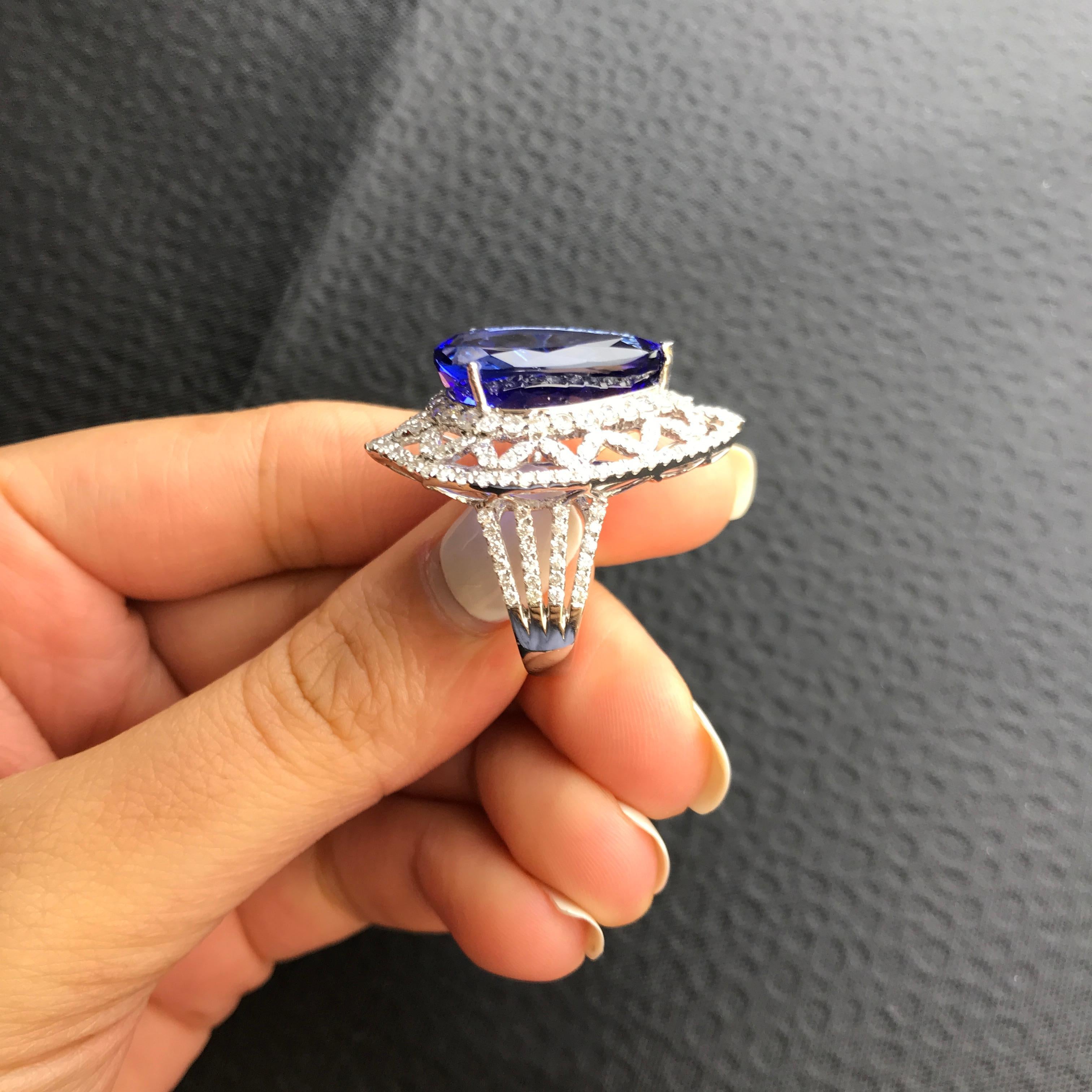 Women's 13.51 Carat Pear Shape Tanzanite and Diamond Cocktail Ring For Sale