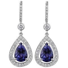 Pear Shape Tanzanite and Diamond Halo Dangle Earrings