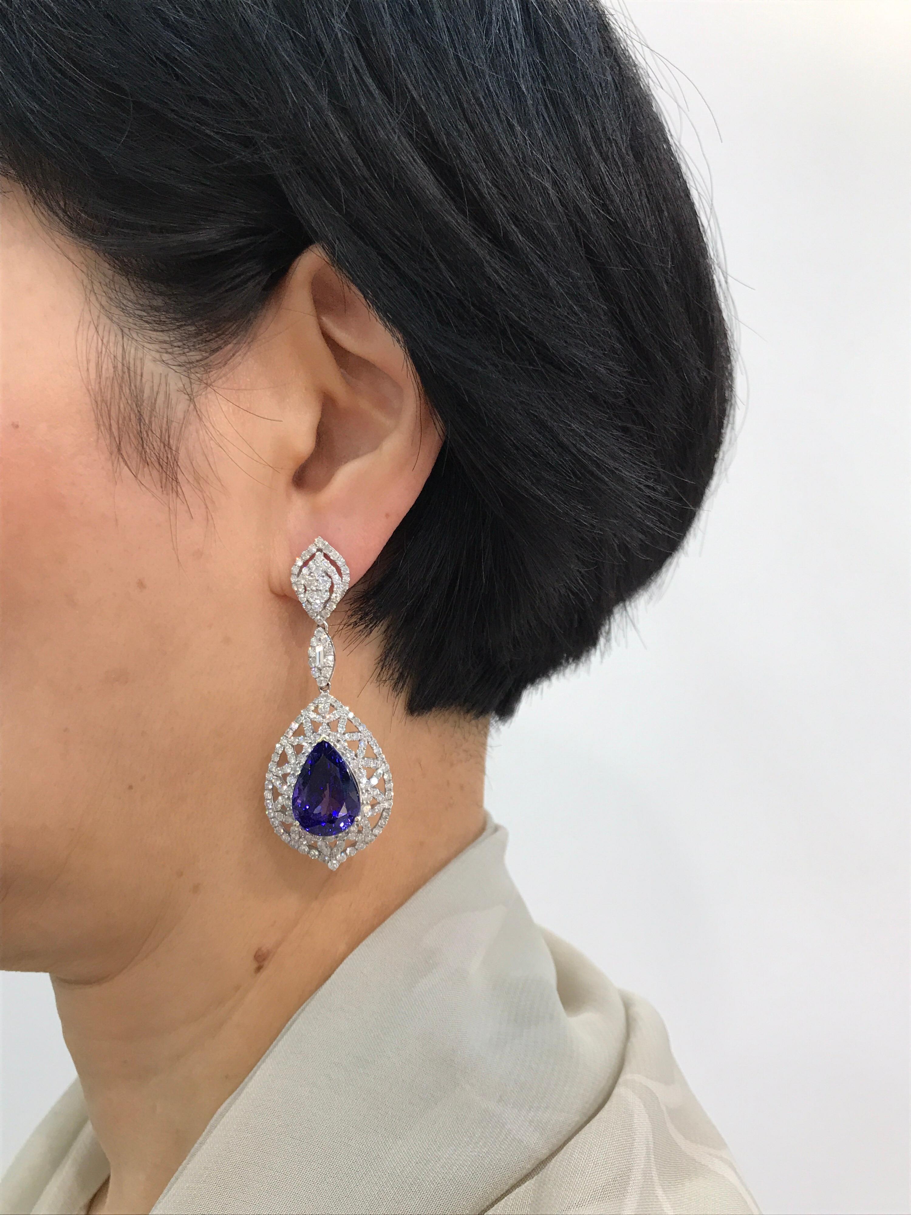 Pear Shape Tanzanite and Diamond Ring, Earring, Pendant Suite 4