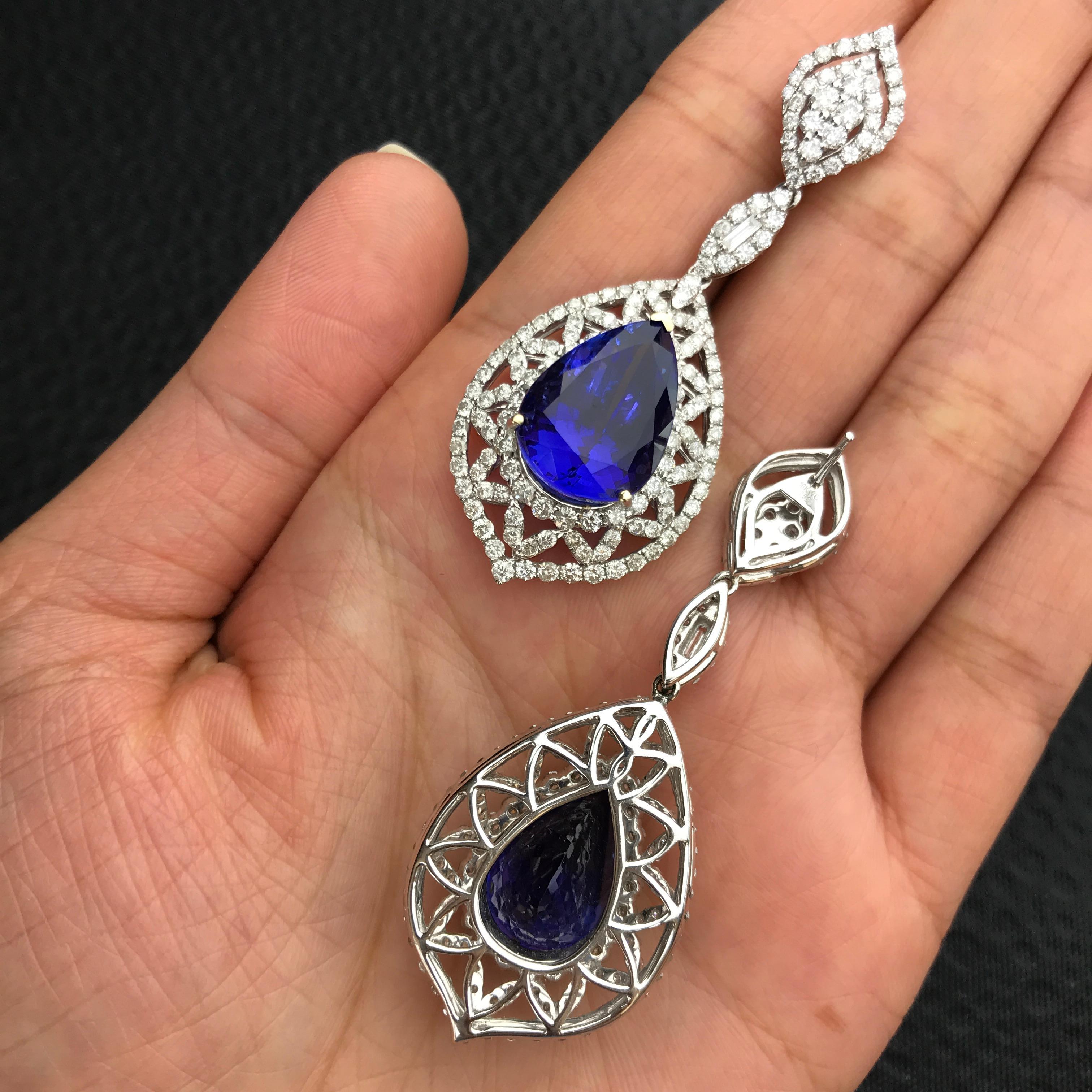 Art Deco Pear Shape Tanzanite and Diamond Ring, Earring, Pendant Suite