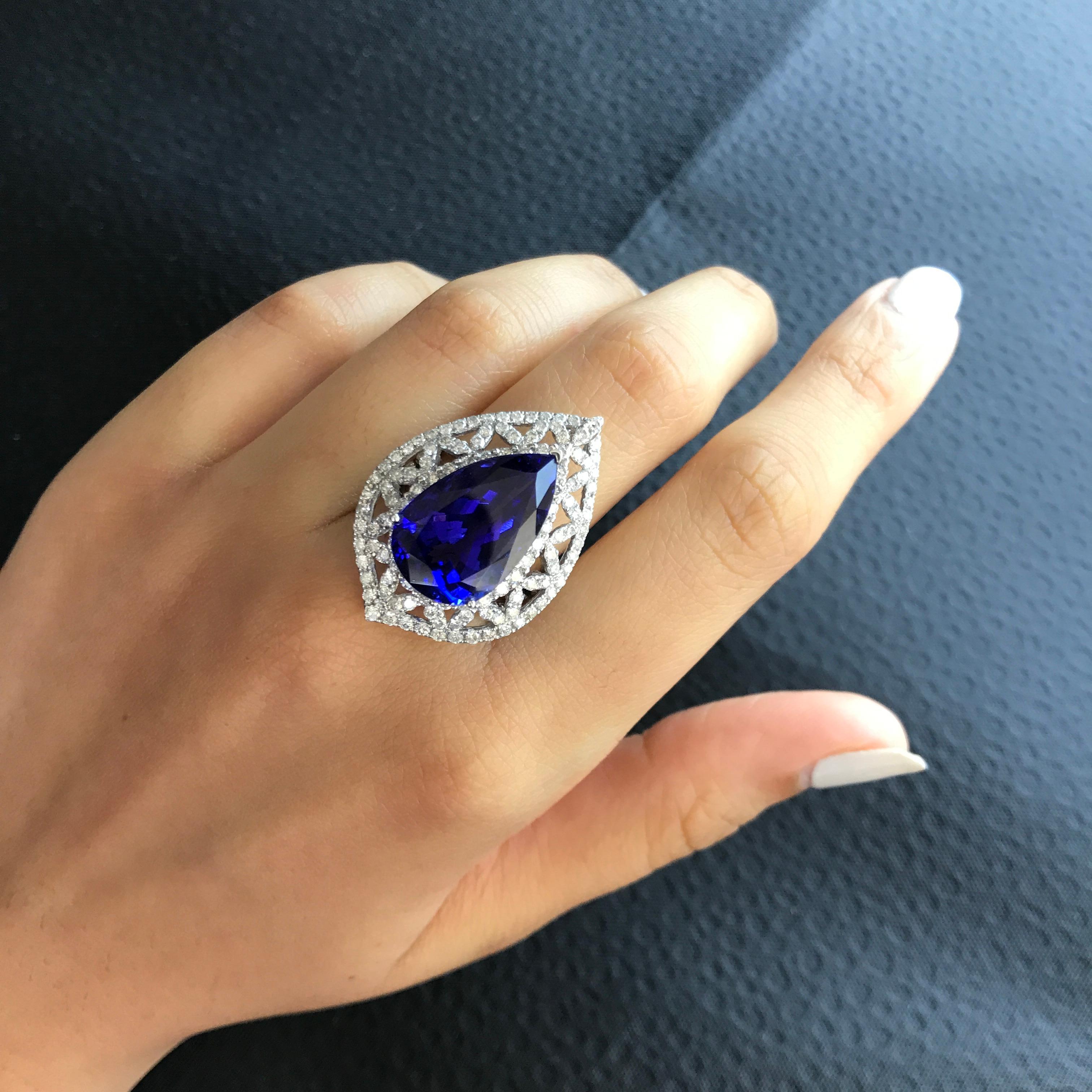 Pear Cut Pear Shape Tanzanite and Diamond Ring, Earring, Pendant Suite