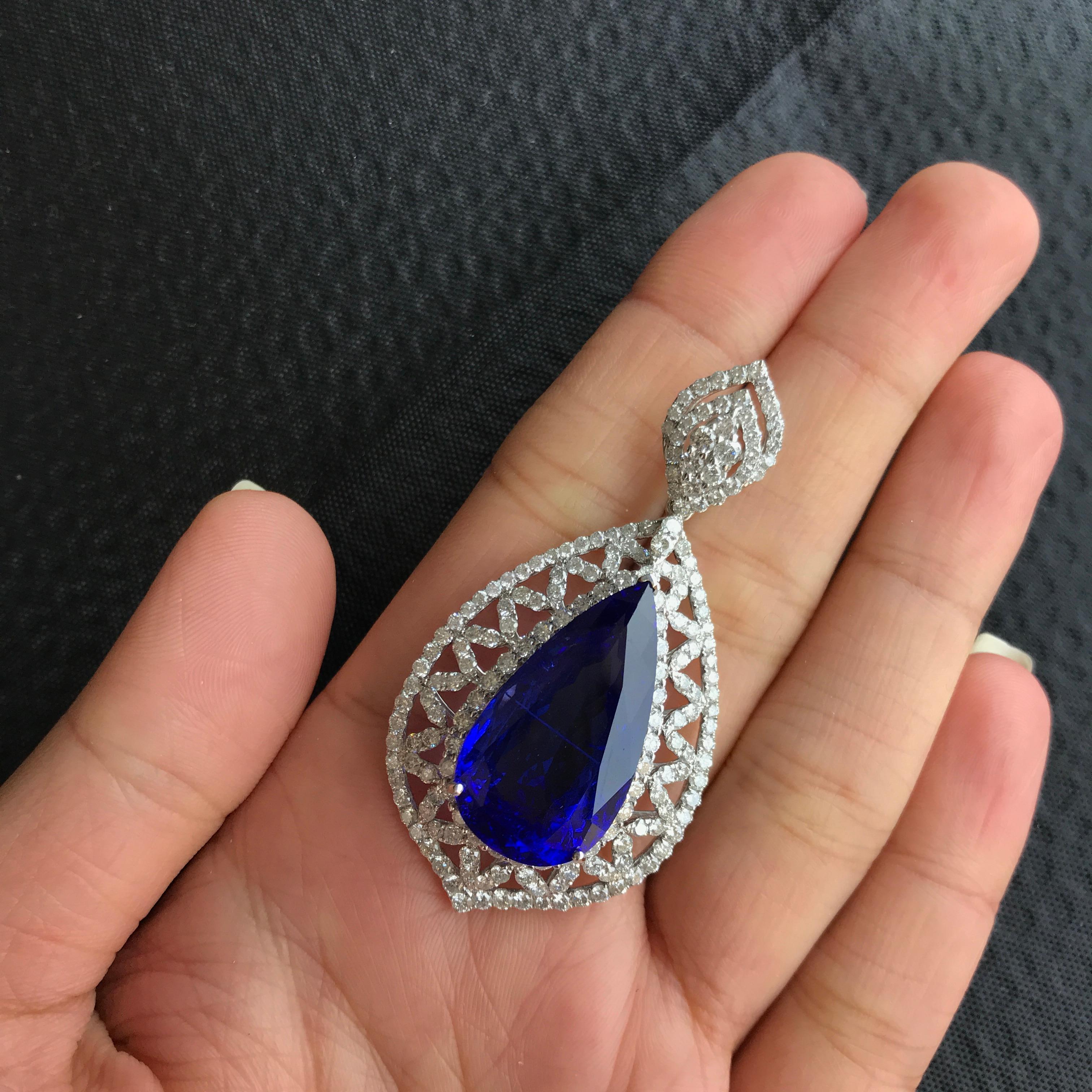 Pear Shape Tanzanite and Diamond Ring, Earring, Pendant Suite 1
