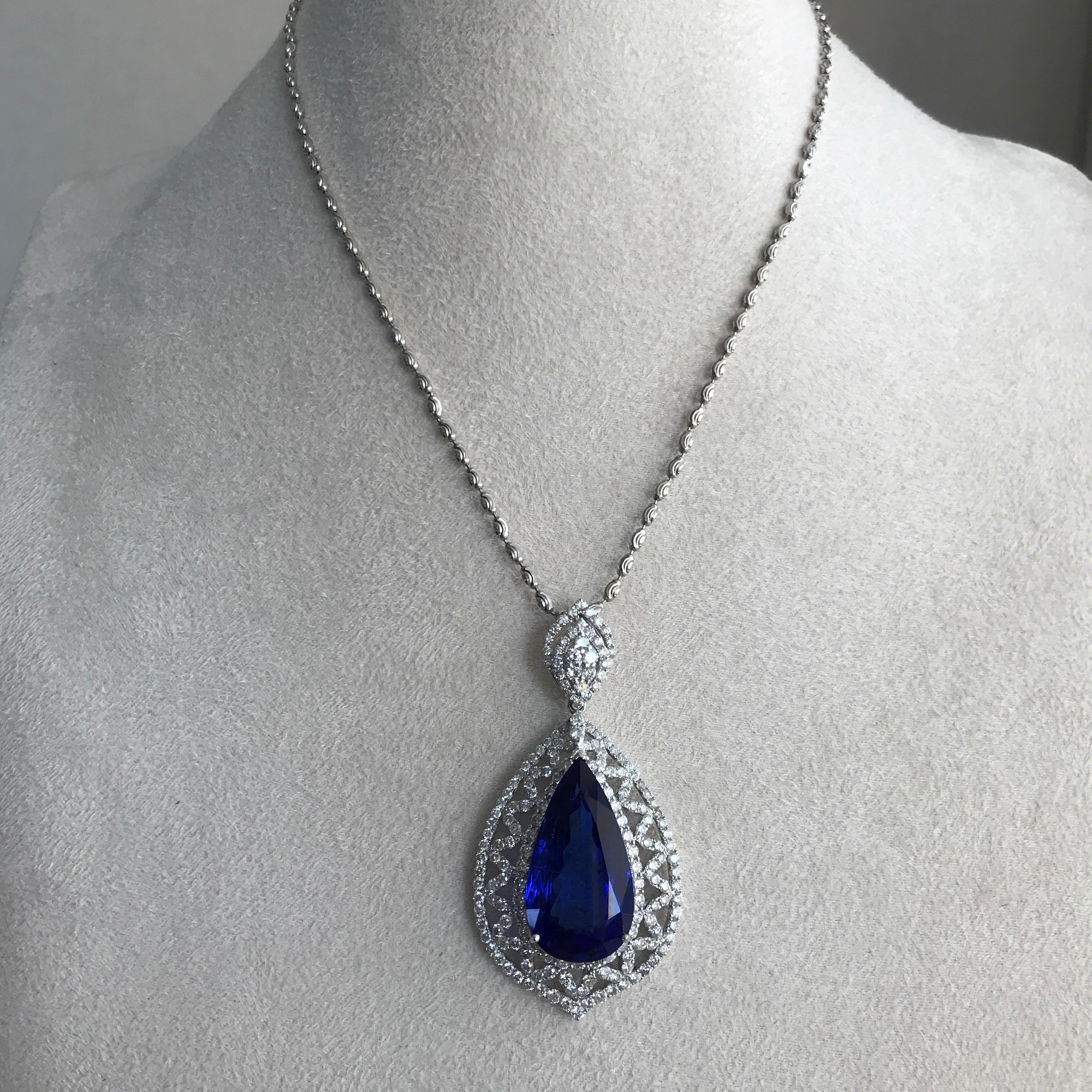 Pear Shape Tanzanite and Diamond Ring, Earring, Pendant Suite 3