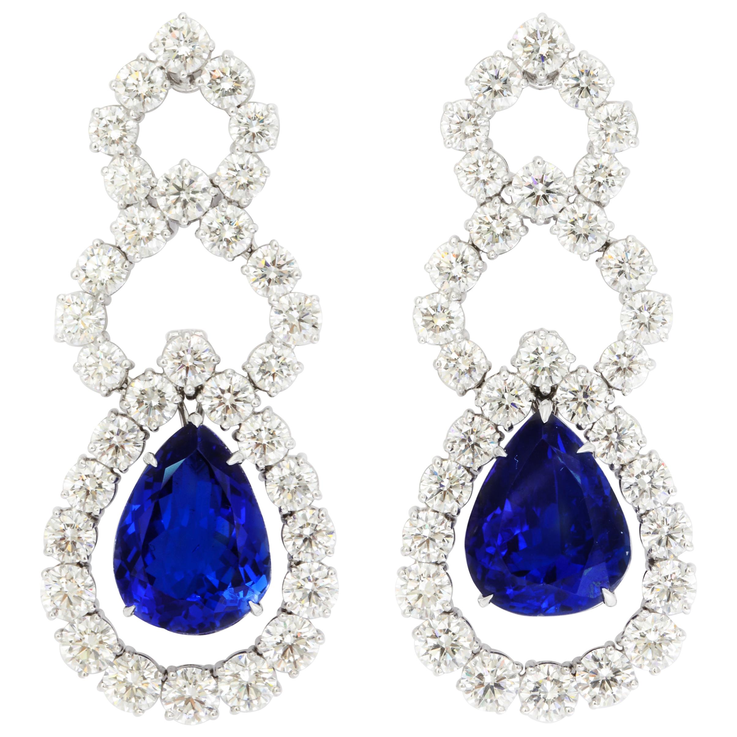 Pear Shape Tanzanite Diamond Platinum Hanging Earrings