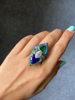 Pear Shape Tanzanite, Emerald and Marquise Diamond Cocktail Ring