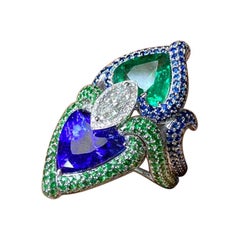 Pear Shape Tanzanite, Emerald and Marquise Diamond Cocktail Ring