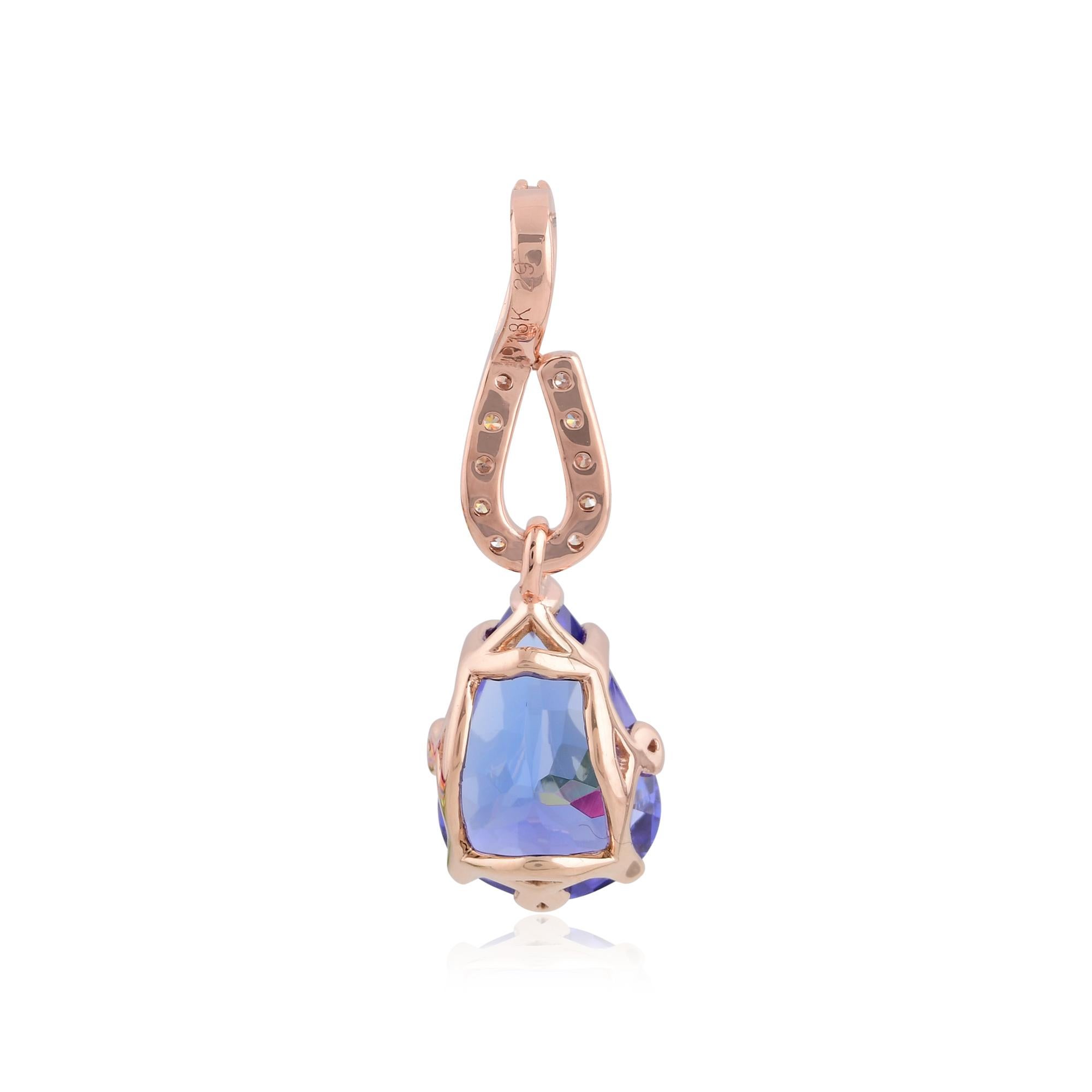 Modern Pear Shape Tanzanite Gemstone Fine Charm Pendant Diamond Pave 14 Karat Rose Gold For Sale
