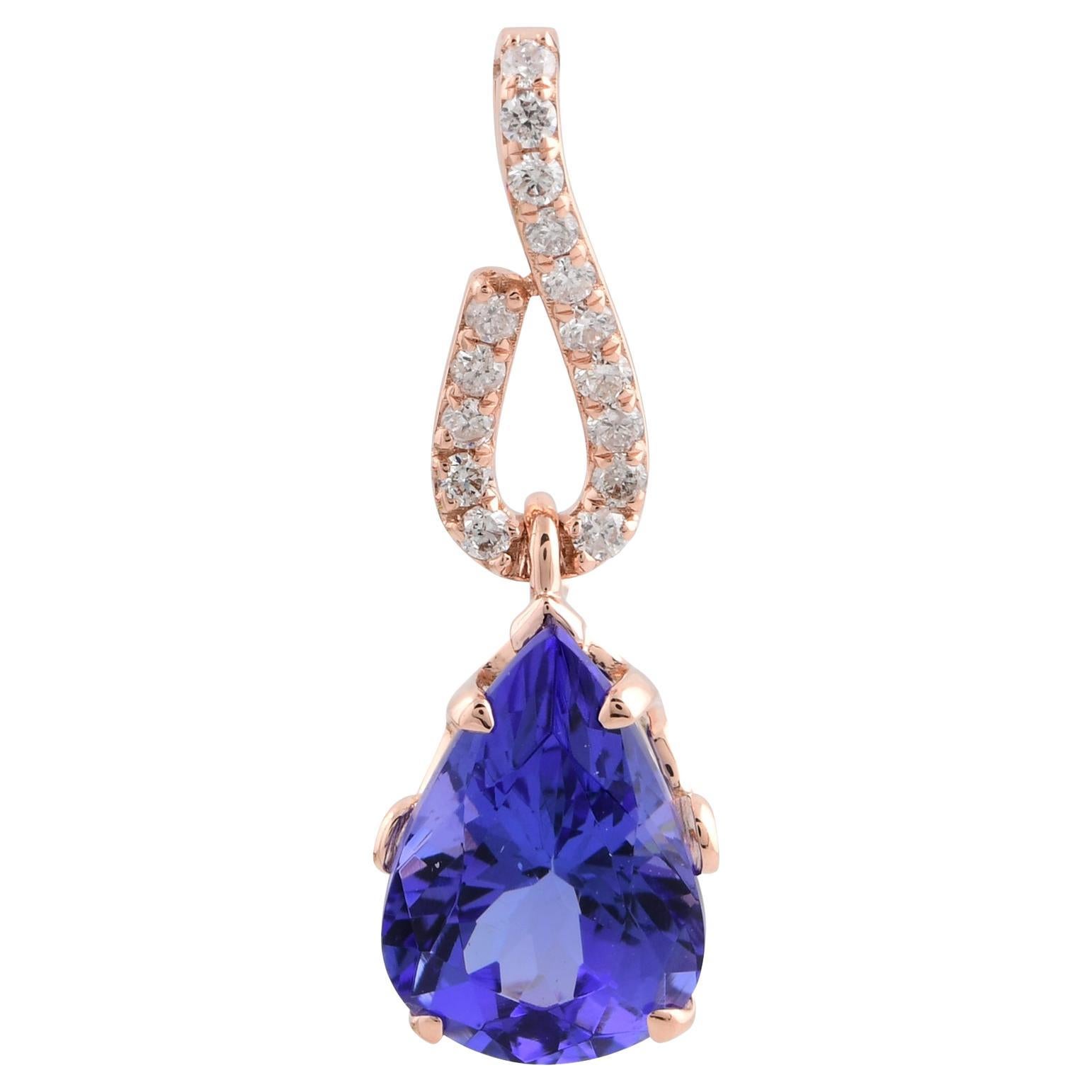 Pear Shape Tanzanite Gemstone Fine Charm Pendant Diamond Pave 18 Karat Rose Gold