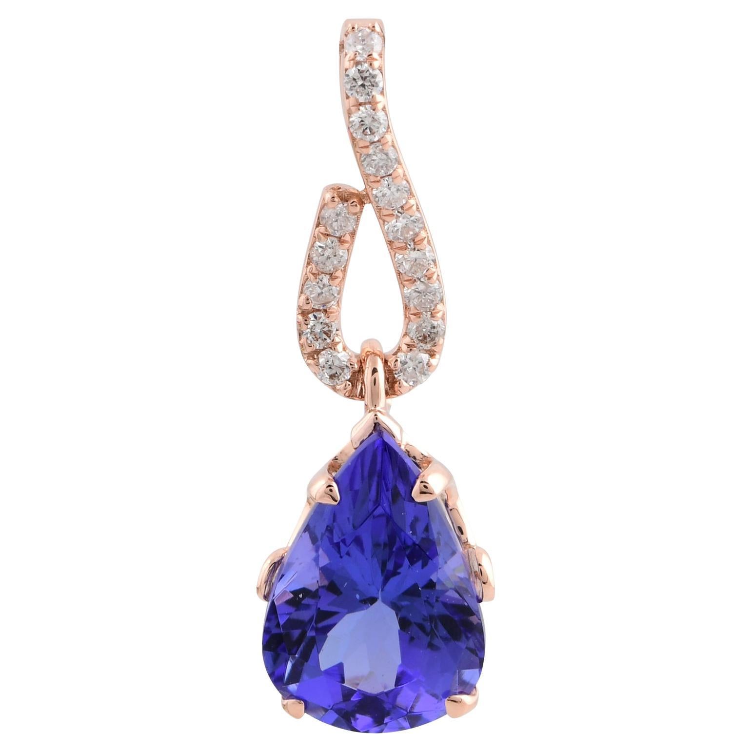 Pear Shape Tanzanite Gemstone Fine Charm Pendant Diamond Pave 18 Karat Rose Gold