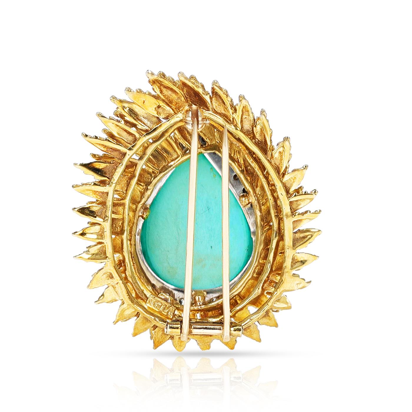 A Pear-Shape Turquoise and Diamond Leaf Brooch made in 18k Yellow Gold. The diamonds weigh appx. 1.60 cts. The total weight of the brooch is 27.22 grams. The Brooch Measurements are 47.23 x 36.85 MM and the Turquoise Measurements are 23.67 x 16.88