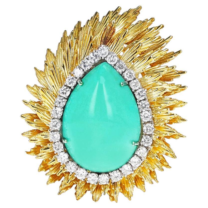 Broche en forme de poire en turquoise et feuille de diamant, 18 carats