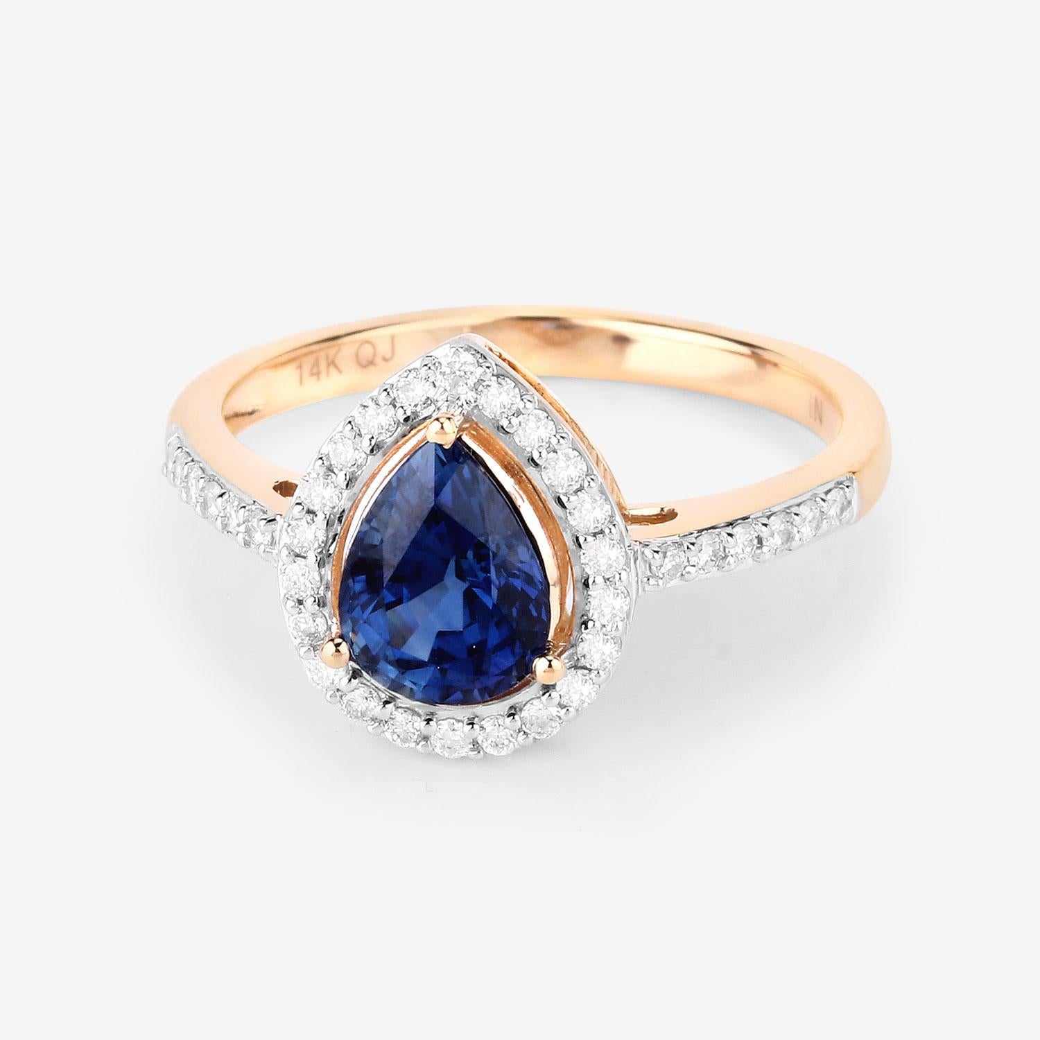 Contemporary Pear Shape Vivid Blue Sapphire & Diamond 14k Yellow Gold Ring For Sale