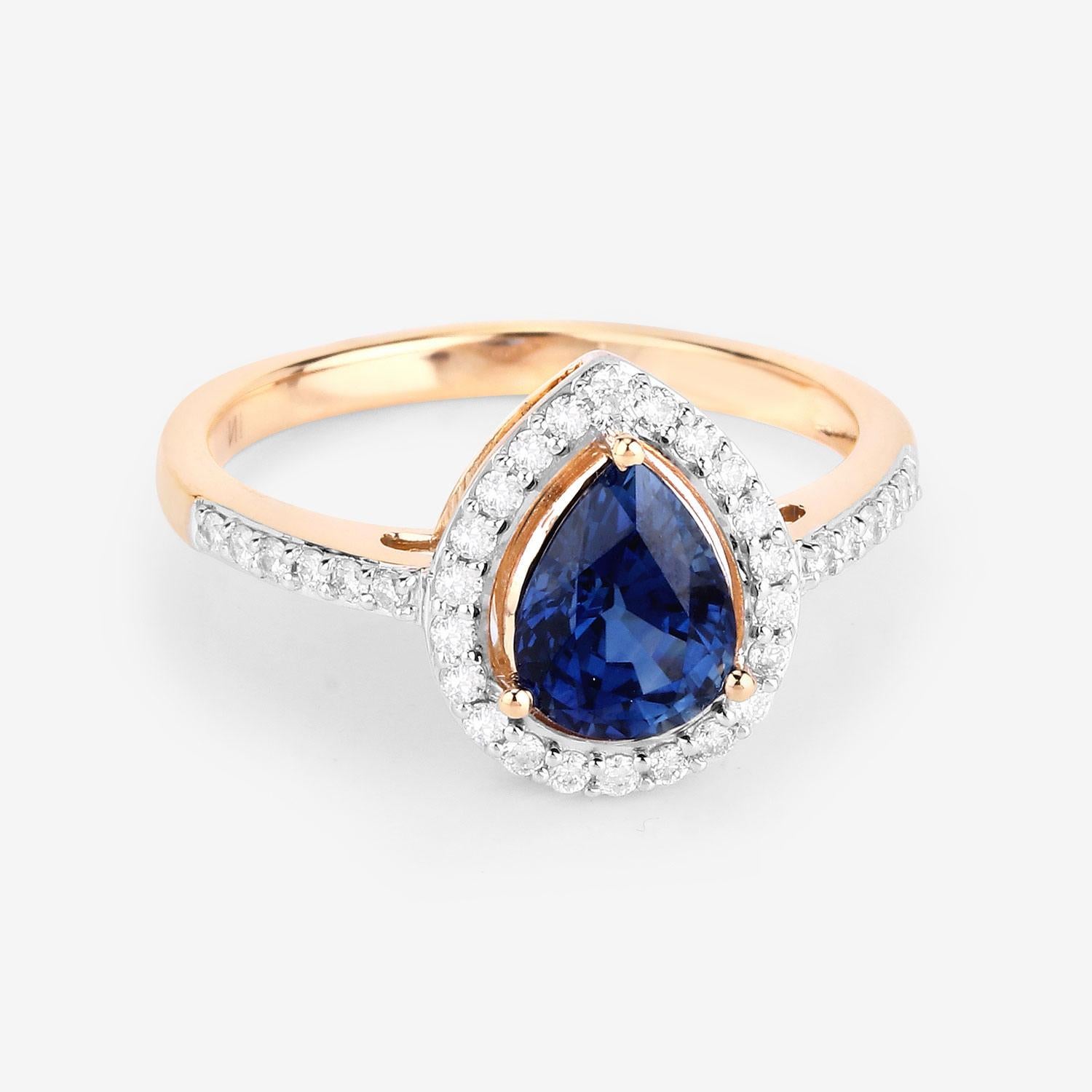 Pear Shape Vivid Blue Sapphire & Diamond 14k Yellow Gold Ring In Excellent Condition For Sale In Laguna Niguel, CA