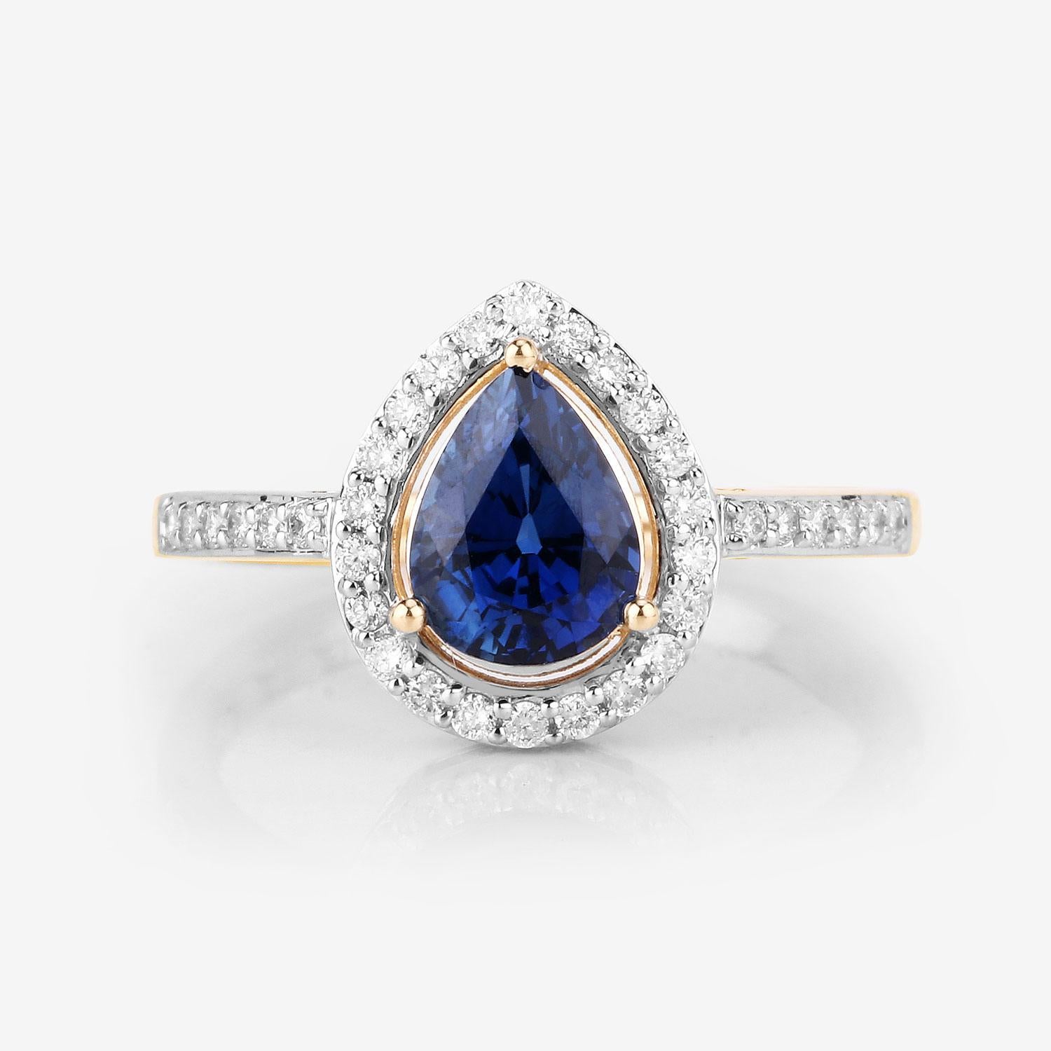 14k Gelbgold Ring mit birnenförmigem lebhaftem blauem Saphir und Diamant Damen im Angebot