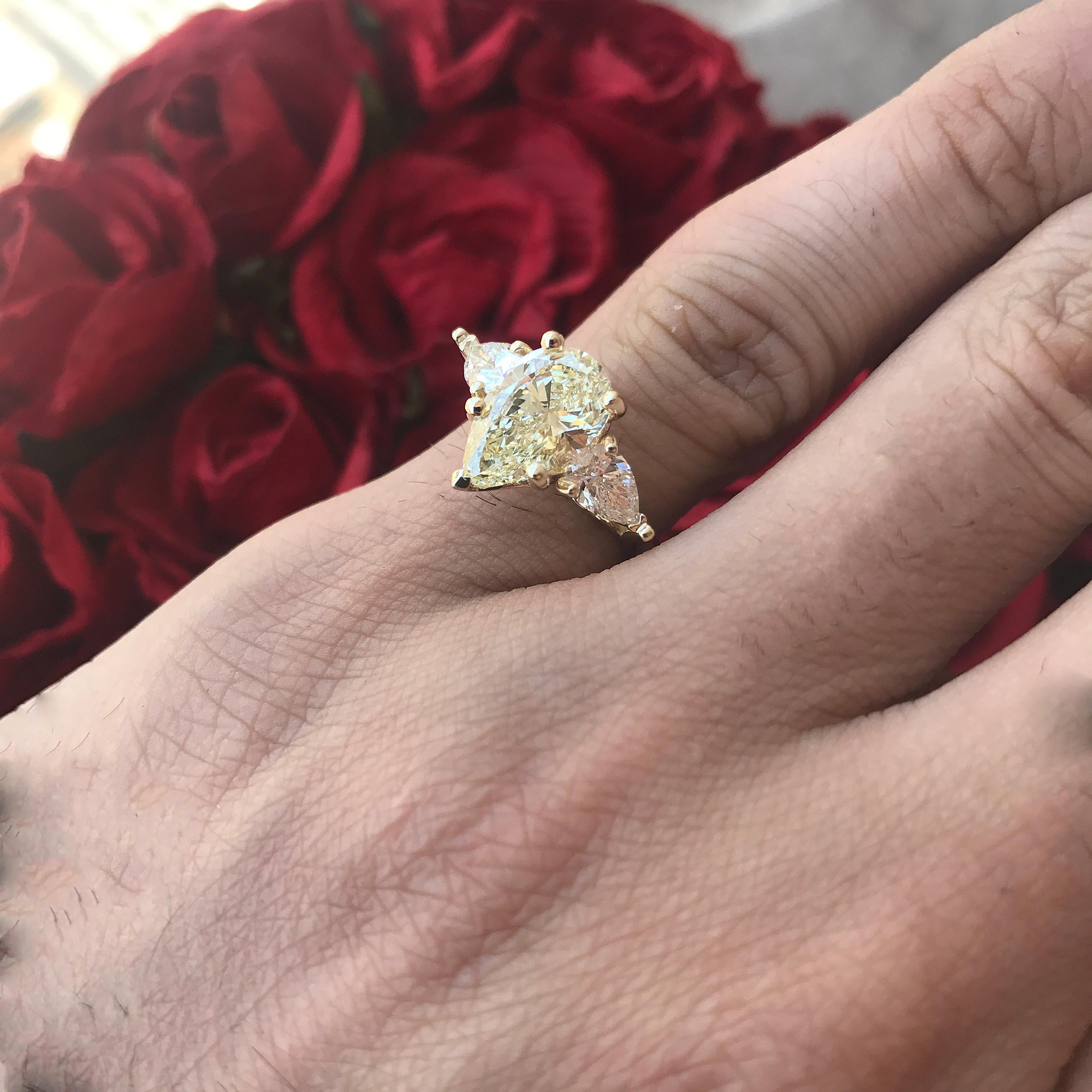 Pear Shape Yellow Diamond, 3-Stone Ring, 14 Karat Y, 2.70 Carat, Ben Dannie In New Condition For Sale In West Hollywood, CA
