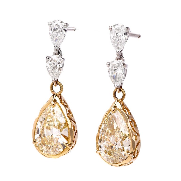 Pear Shape Yellow Diamond Dangle Drop Gold Earrings For Sale at 1stDibs