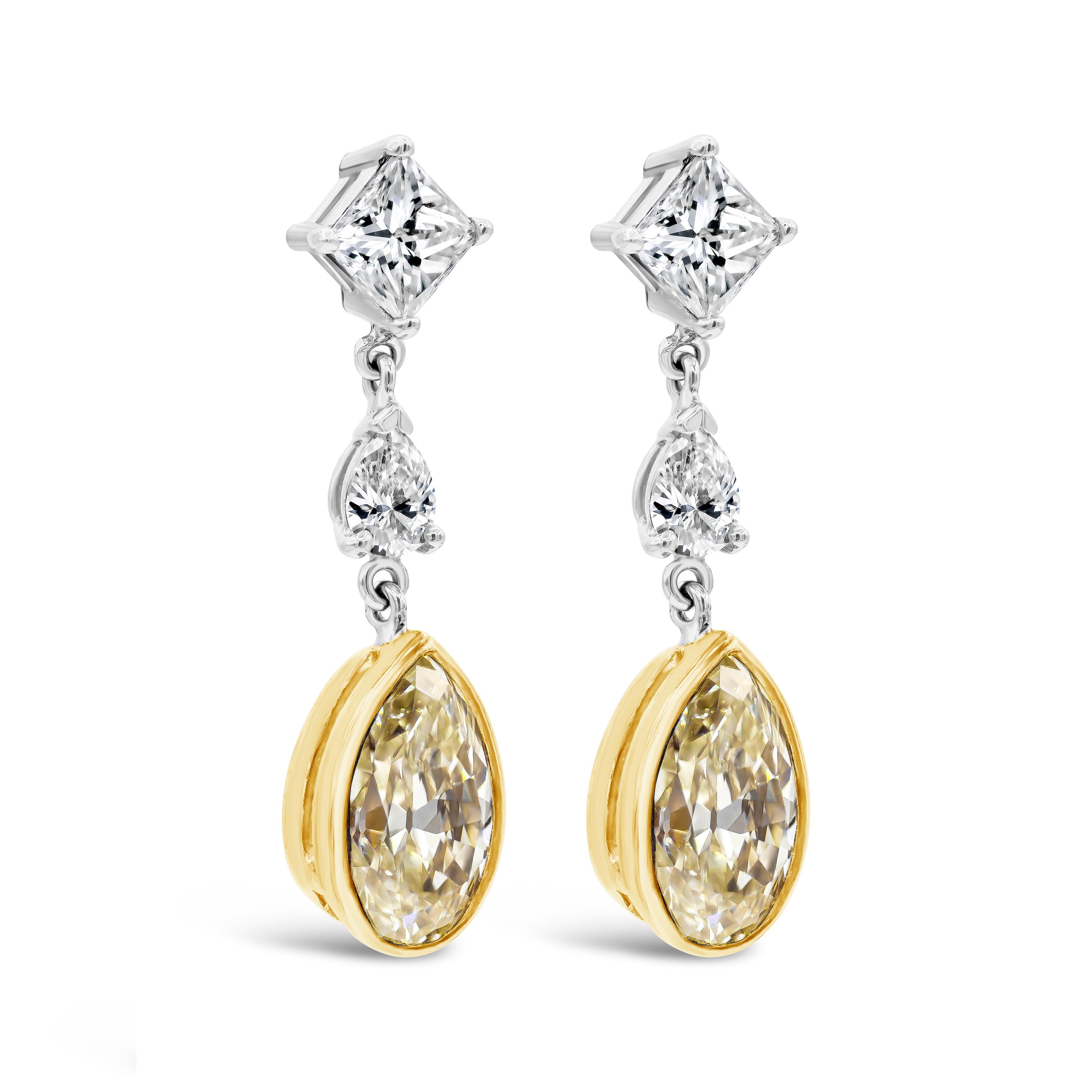 This elegant pair of earrings showcases a pear shape yellow diamonds, weighing 2.46 carats total, bezel set in 18k white gold. Suspended on a smaller pear shape diamond and a princess cut diamond post. White diamonds weigh 1.00 carats total.

Style