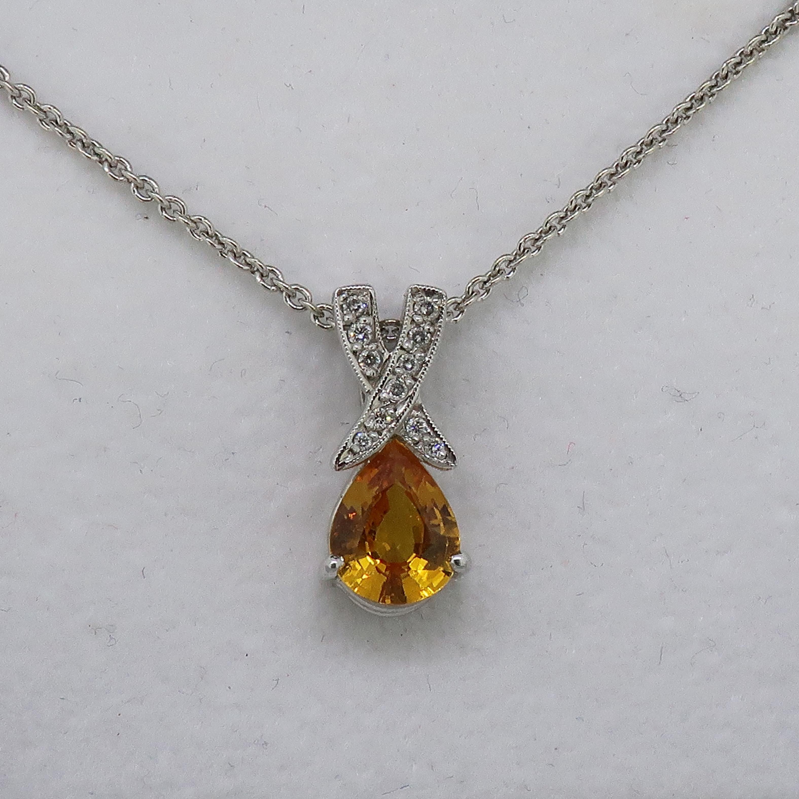 Modern Pear Shape Yellow Sapphire and Diamond Pendant 18 Karat White Gold For Sale