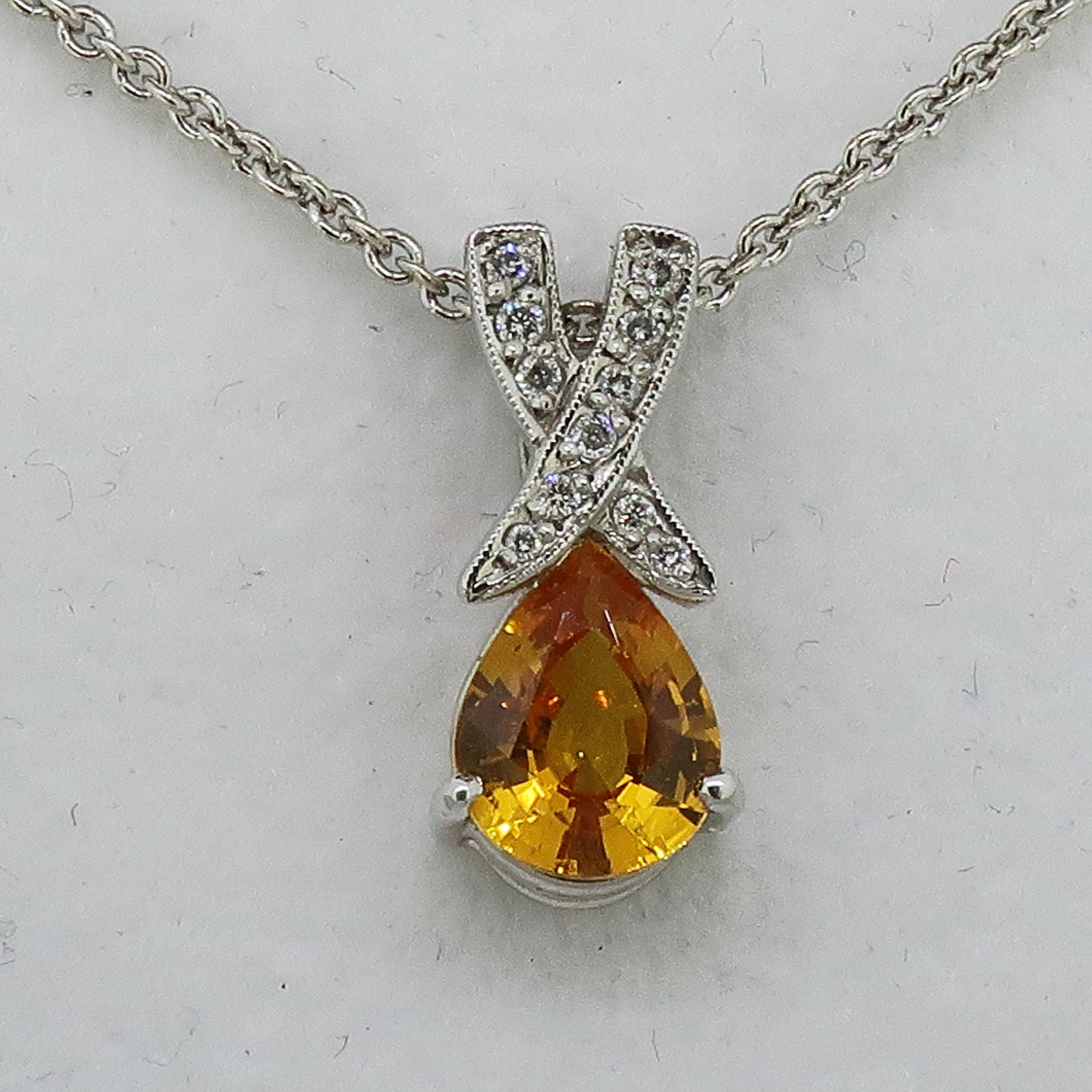 Pear Cut Pear Shape Yellow Sapphire and Diamond Pendant 18 Karat White Gold For Sale