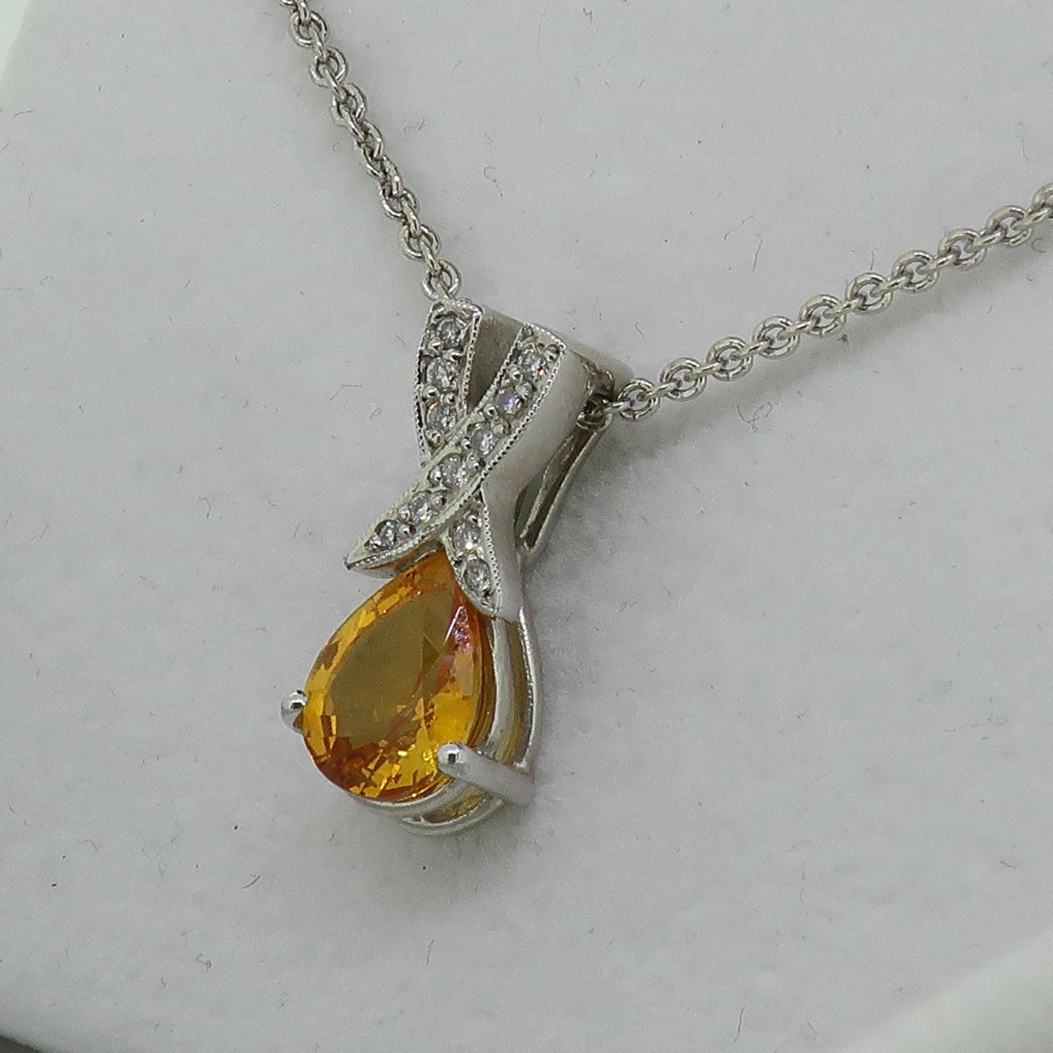 Pear Shape Yellow Sapphire and Diamond Pendant 18 Karat White Gold In New Condition For Sale In East Grinstead, GB