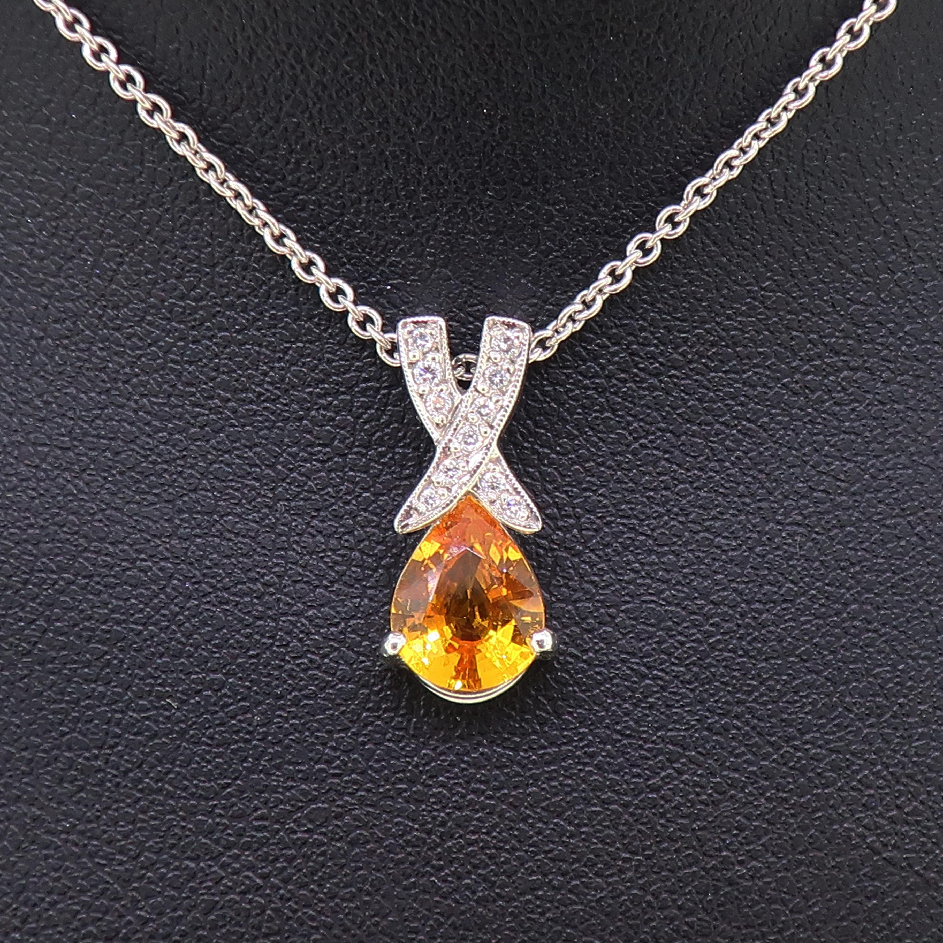 Pear Shape Yellow Sapphire and Diamond Pendant 18 Karat White Gold For Sale 1