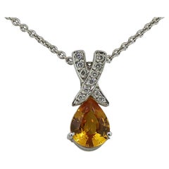 Pear Shape Yellow Sapphire and Diamond Pendant 18 Karat White Gold