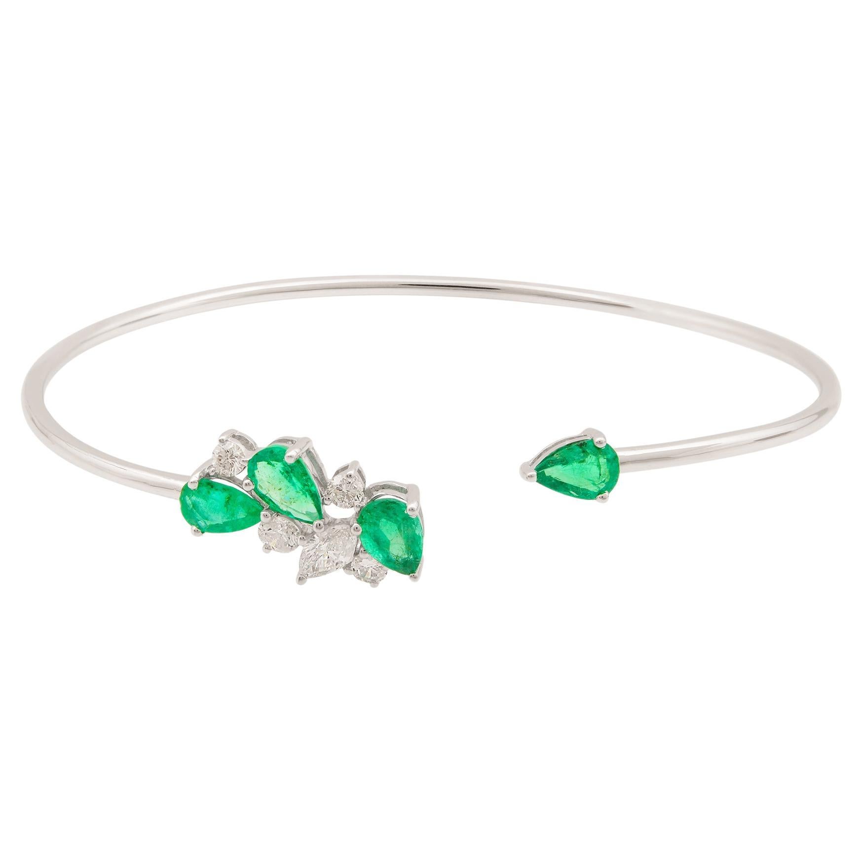 Pear Shape Natural Emerald Cuff Bangle Bracelet Diamond 18k White Gold Jewelry