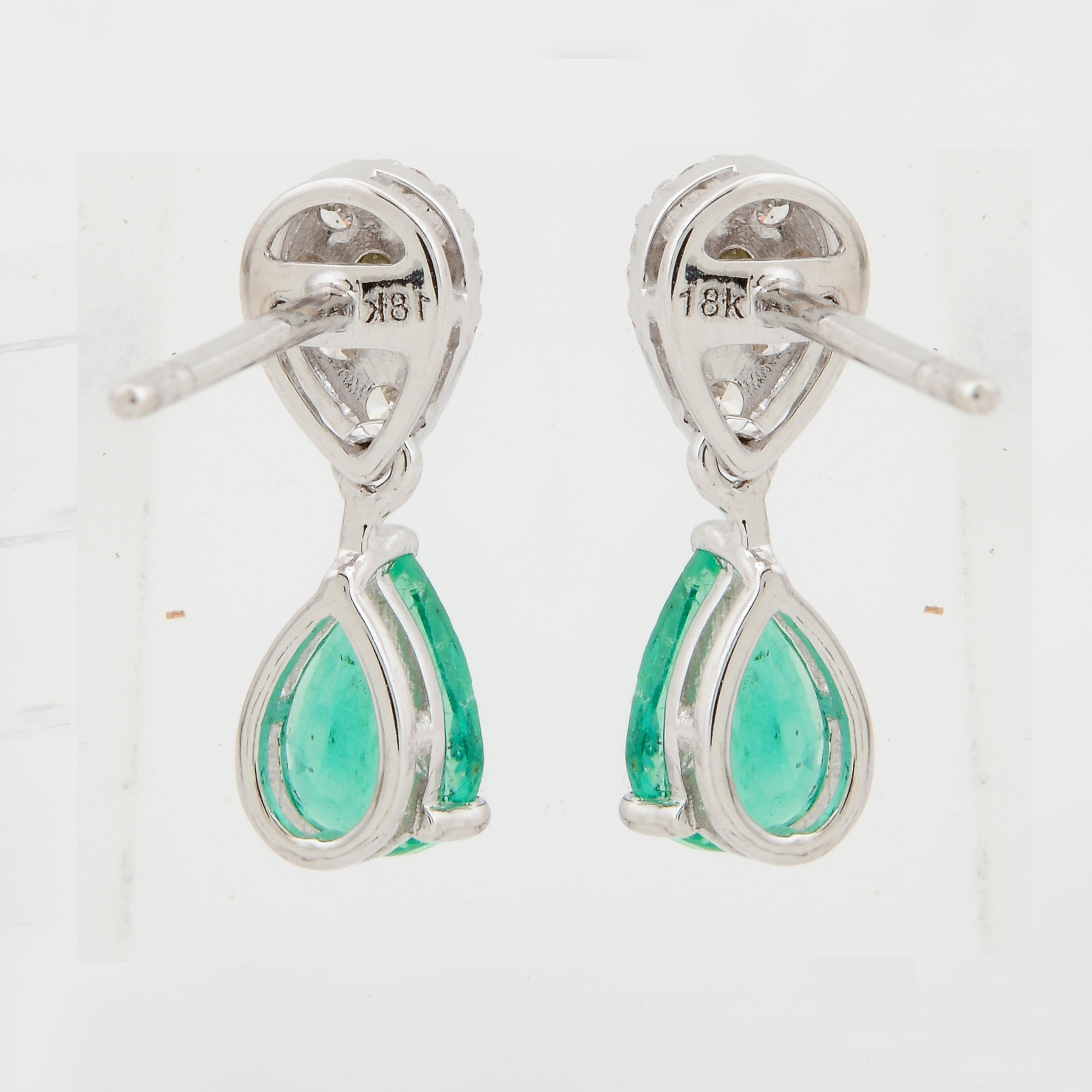 Modern Pear Shape Natural Emerald Drop Earrings Diamond 18 Karat White Gold Jewelry For Sale