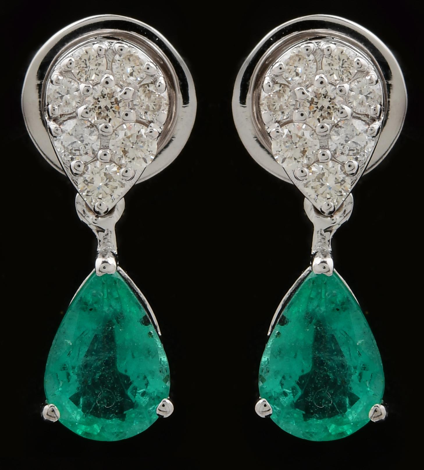 Pear Cut Pear Shape Natural Emerald Drop Earrings Diamond 18 Karat White Gold Jewelry For Sale