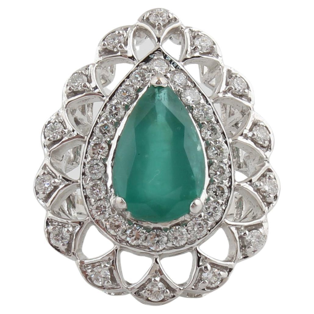 For Sale:  Pear Shape Natural Emerald Gemstone Cocktail Ring Diamond 18 Karat White Gold