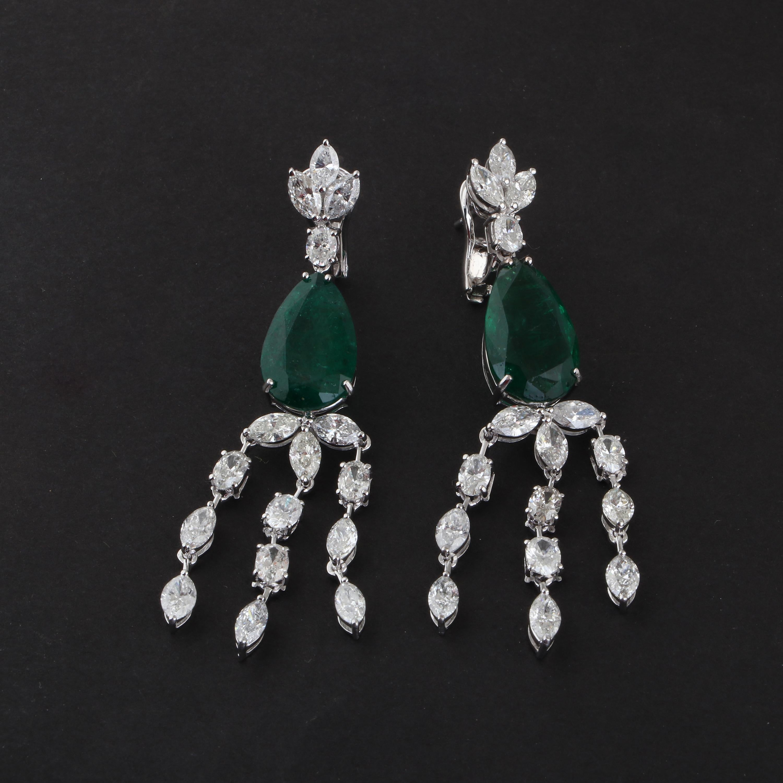 Pear Cut Pear Shape Natural Emerald Gemstone Earrings Diamond 18 Karat White Gold Jewelry For Sale