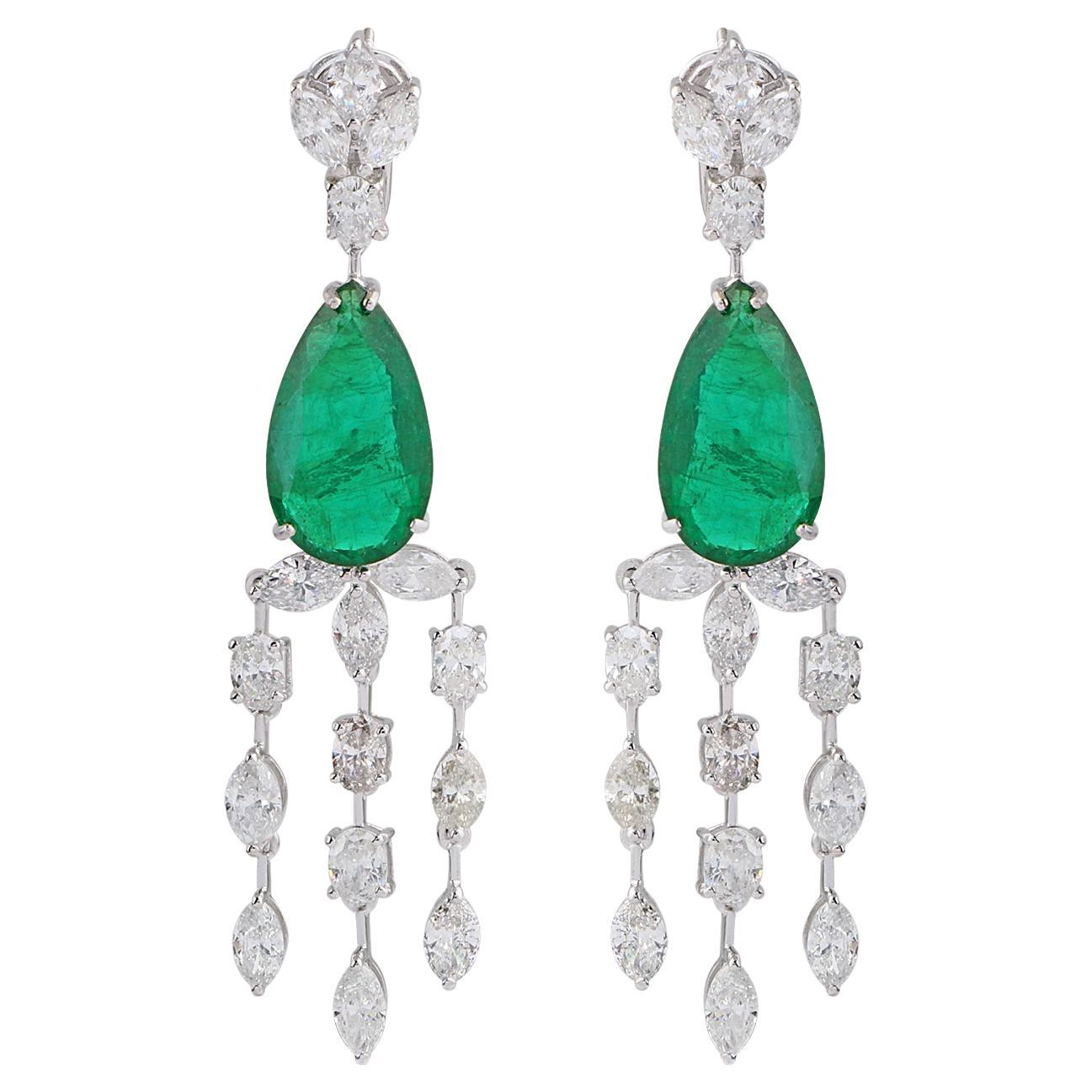Pear Shape Natural Emerald Gemstone Earrings Diamond 18 Karat White Gold Jewelry For Sale