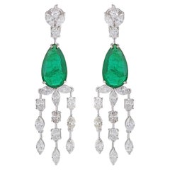 Pear Shape Natural Emerald Gemstone Earrings Diamond 18 Karat White Gold Jewelry