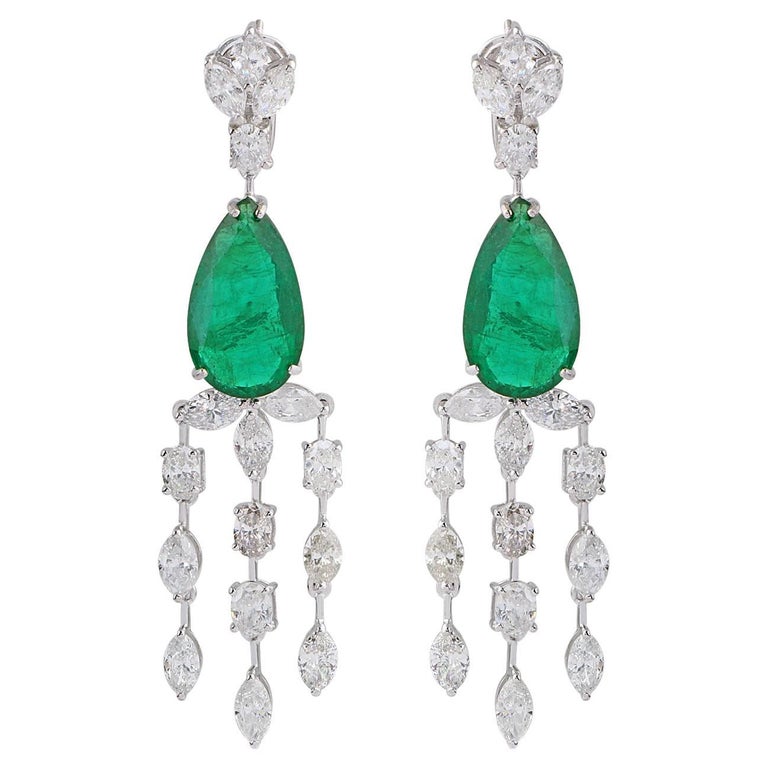 Pear Shape Natural Emerald Gemstone Earrings Diamond 18 Karat White ...