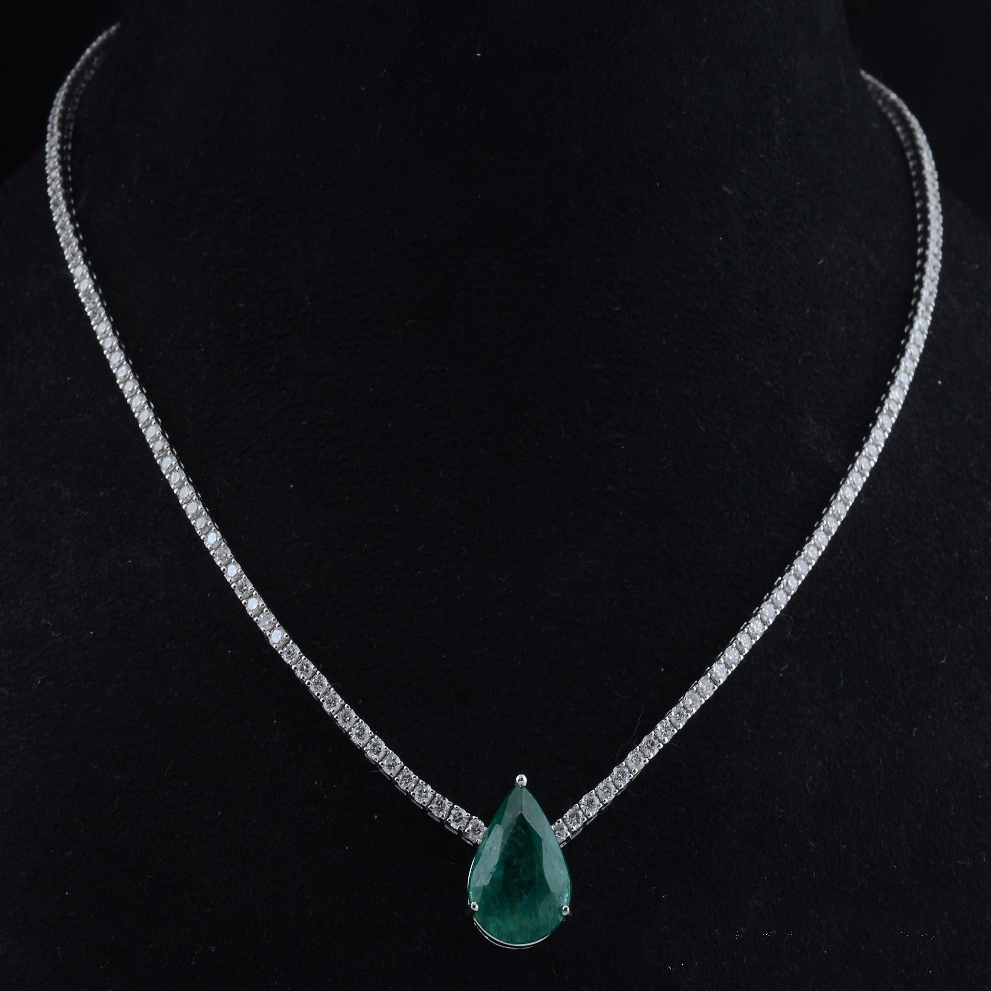 Modern Pear Shape Zambian Emerald Gemstone Necklace Diamond 14 Karat White Gold Jewelry For Sale
