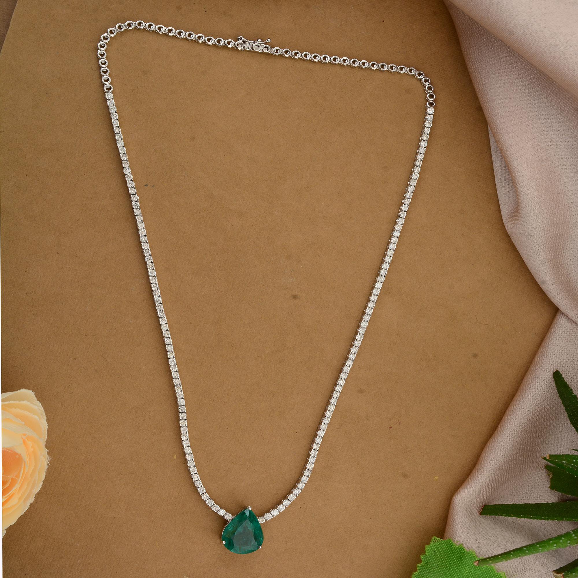 Pear Cut Pear Shape Zambian Emerald Gemstone Necklace Diamond 14 Karat White Gold Jewelry For Sale