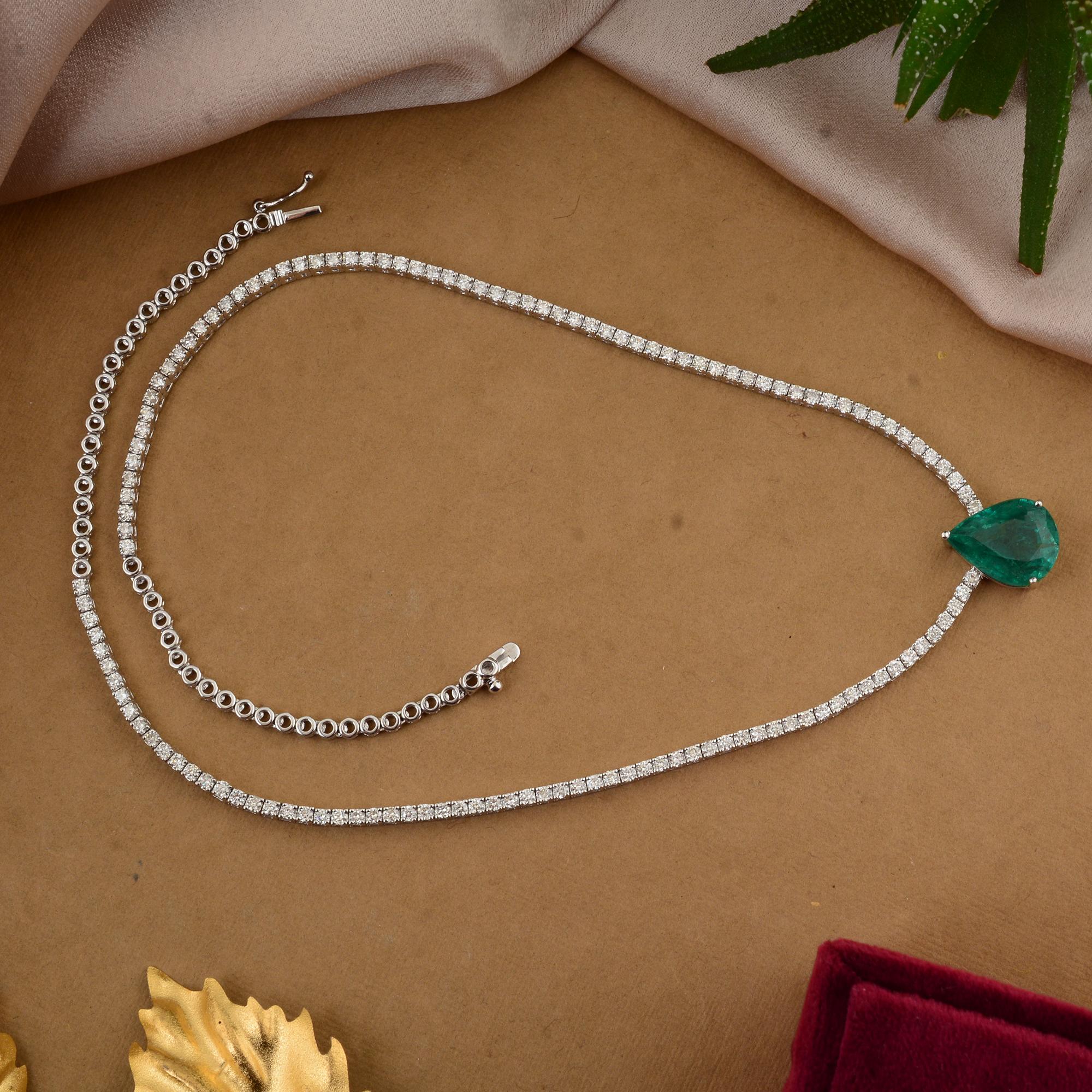 Women's Pear Shape Zambian Emerald Gemstone Necklace Diamond 14 Karat White Gold Jewelry For Sale