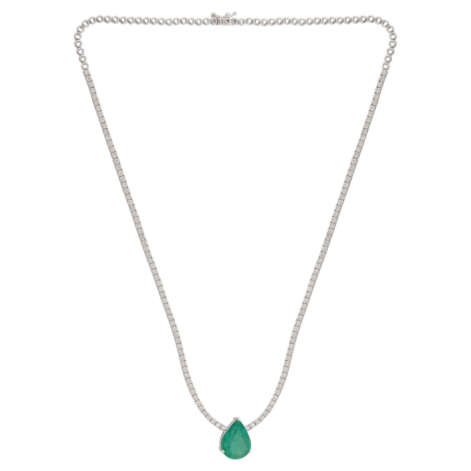 Pear Shape Zambian Emerald Gemstone Necklace Diamond 14 Karat White Gold Jewelry For Sale