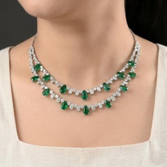 Pear Shape Zambian Emerald Gemstone Necklace SI/H Diamond 14k Gold HRD Certified